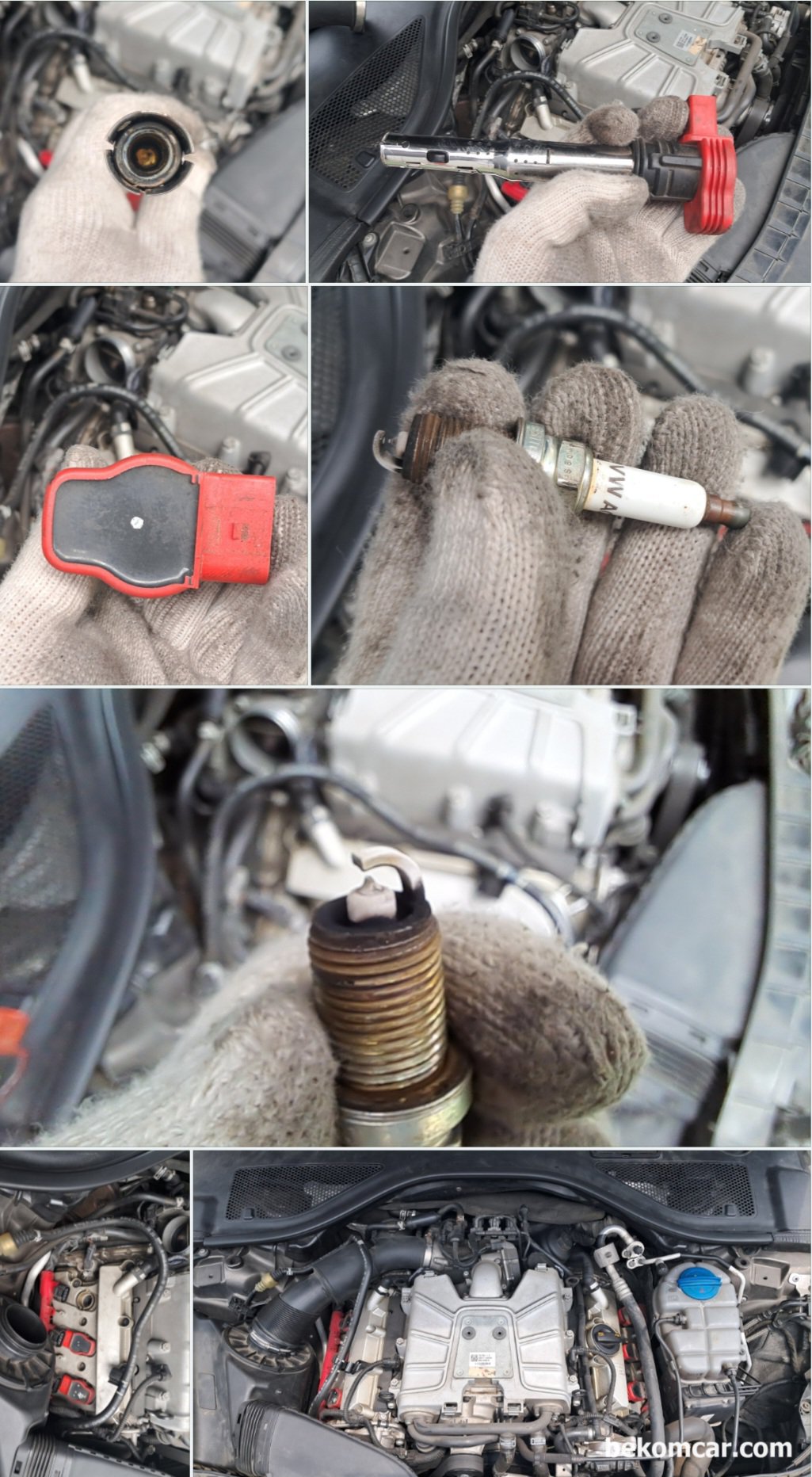 아우디 2012년 A7 3.0t 뱅크1 캠새프트 타이밍 진각상태 'P052A' 육안점검, 아우디 2012년 A7 3.0t TFSI 고장코드중에서 뱅크1 캠새프트 타이밍 진각상태 'P052A00' 육안점검 기록이다. 점화코일은 재 사용, 점화플러그 는 교체시점, 점화코일 에 점 이 1나로 된것이 3번 실린더에 꼽혀있다.|ベコムカー (bekomcar)