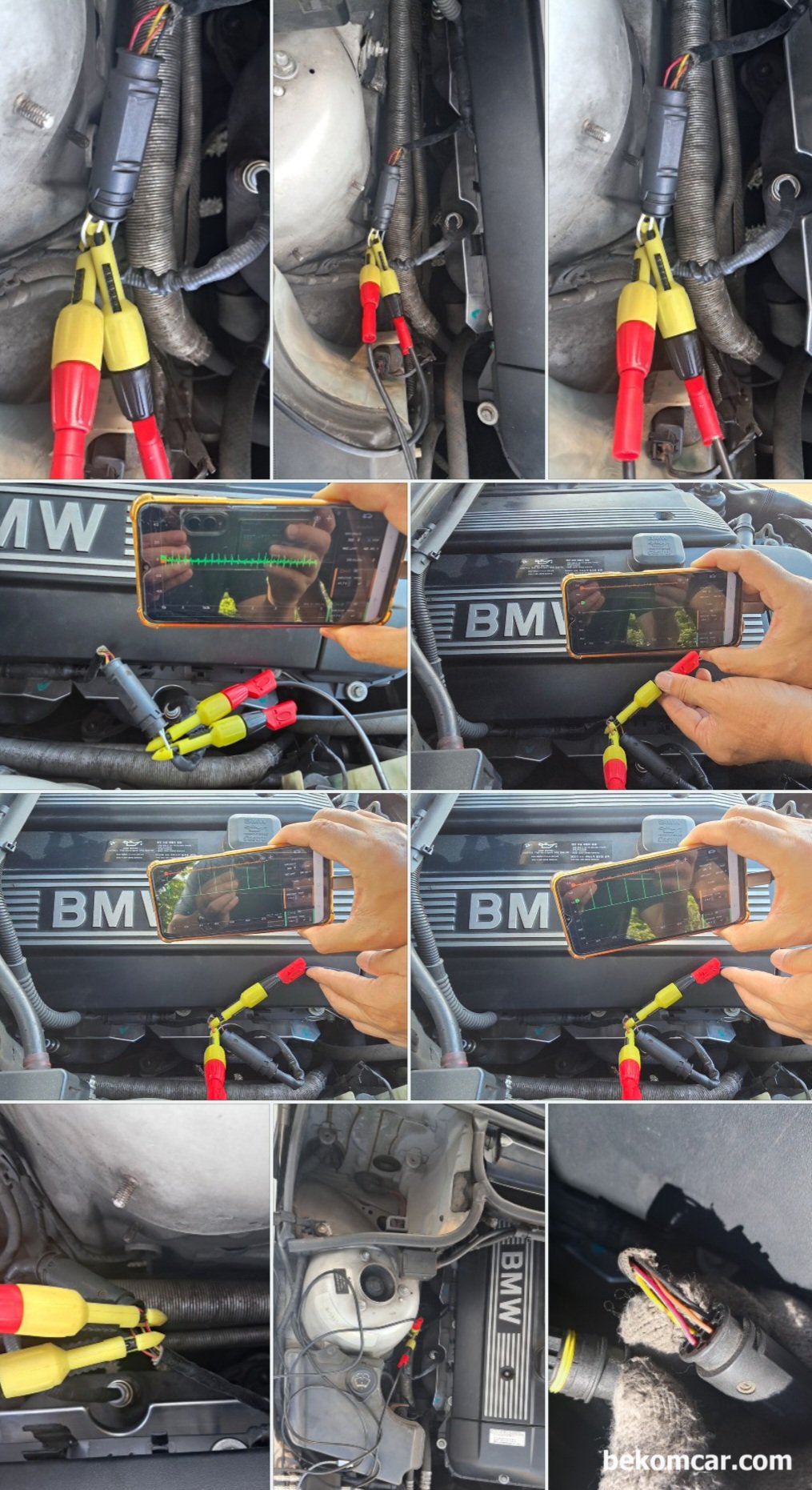 BMW E46 325i 종합검사 질소산화물 과다 불합격, 진단과정 기록, BMW E46 325i 종합검사 질소산화물 과다 불합격, 진단과정 기록으로 산소센서1번의 4개 와이어 구분하여 우선 히터코어 파형을 측정해본다. 멀쩡하다고 어느정도 시간이 지나면 시스템 배터리 전압에서 푹 떨어져서 약 7.0V 이하로 떨어진다. 산소센서 고장이 또 한번 확인되는 순간이다. 간헐적인 증상 등은 오실로스코프등 정밀진단 측정 장비를 사용하는 것이 더 좋다.|بيكومكار  (bekomcar)
