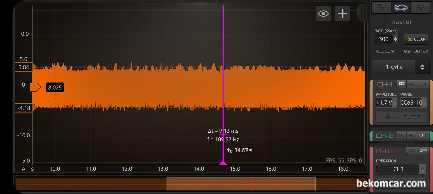 스바루 레거시 2012년 3.6 16만키로, 연료펌프모터, 연료필터 등 상태가 매우 좋다., 스바루 레거시 2012년 3.6, 연료펌프모터, 연료필터 등 파형분석 기록이다. 시간을 잔뜩 길게하여 살펴본다. 전체적으로 연료펌프 모터나 필터 그리고 모든 전기적 배선 코넥터 휴즈 릴레이등 모든것이 정상이라는 의미이다.|بيكومكار (bekomcar)