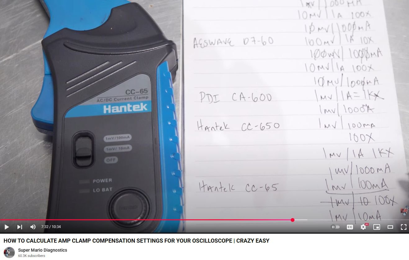 한텍 전류계 CC65 & CC650 오실로스코프 세팅시 주의점, Credit: https://www.youtube.com/watch?v=iNtjQ4E50k8&t=204s 같은 Hantek 사 전류계 제품이라도 세팅 단위가 다르다. 꼭 구입한 제품에 적혀 있는 V/A 비율을 참고해야 한다.|بيكومكار (bekomcar)