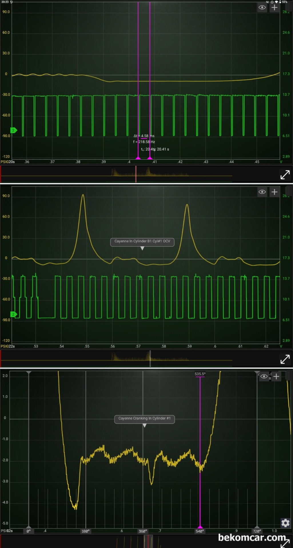 정비사 동료 경험과 지혜 총 동원, 고장코드 해결중, P0016 타이밍 고장코드 파형분석 과정이다. 결정적인 고장부분 판단을 위해서 여러각도의 데이터 수집후 입체적인 분석을 한다. 캠어드저스터 고장.  더 구체적으로 베인모터 고장으로 최종 판단 한다.|بيكومكار  (bekomcar)