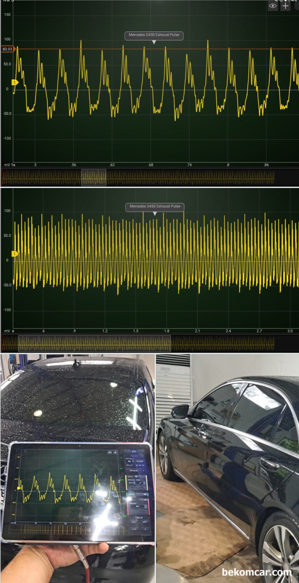 메르세데스 벤츠 S450 중고차 배기펄스 파형분석, 엔진상태 좋다, 벤츠 S 클래스 중고차 구입시 필수적으로 엔진상태 진단을 권장한다. 특히 실린더 스크래치, 피스톤 손상, 헤드고장 등 진단은 큰 돈 아끼고 스트레스 줄일 수 있다.|베콤카 차량정밀진단