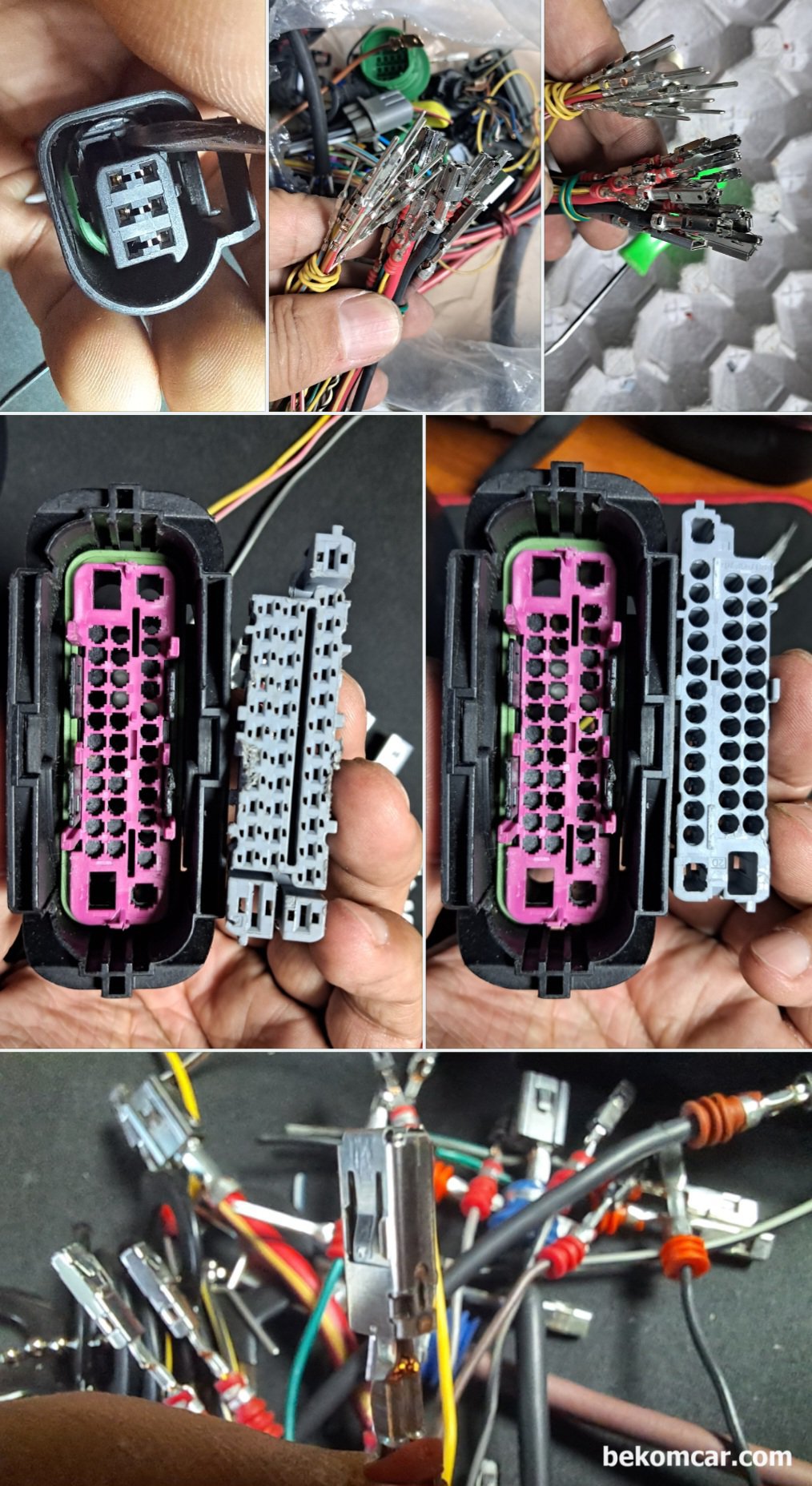 ECM 콘넥터 핀 제거 및 하네스 작업, 전기 진단 정비에 필수 요구사항, 핀 들은 차량별 코넥터 별 상당히 다양한 형태로 되어 있다. 아주 작은 하네스용 핀 부터 대용량 전류를 사용하는 것 까지 다양하다.|베콤카 차량정밀진단