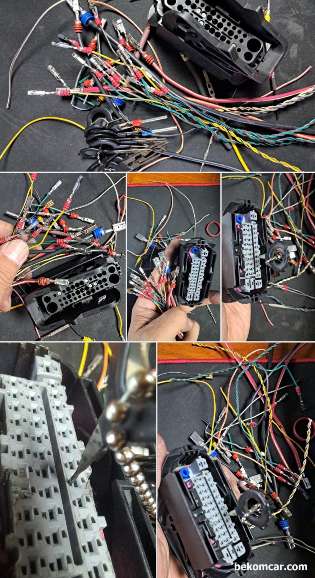 ECM 콘넥터 핀 제거 및 하네스 작업, 전기 진단 정비에 필수 요구사항, 자동차 ECM에서 핀 제거 작업을 하는 과정이다. 그리고 불 필요한 ECM 이나 기타 하네스 코넥터 에서 핀 을 탈거하여 센서 시뮬레이터 등 사용시에 활용이 가능하다.|베콤카 차량정밀진단