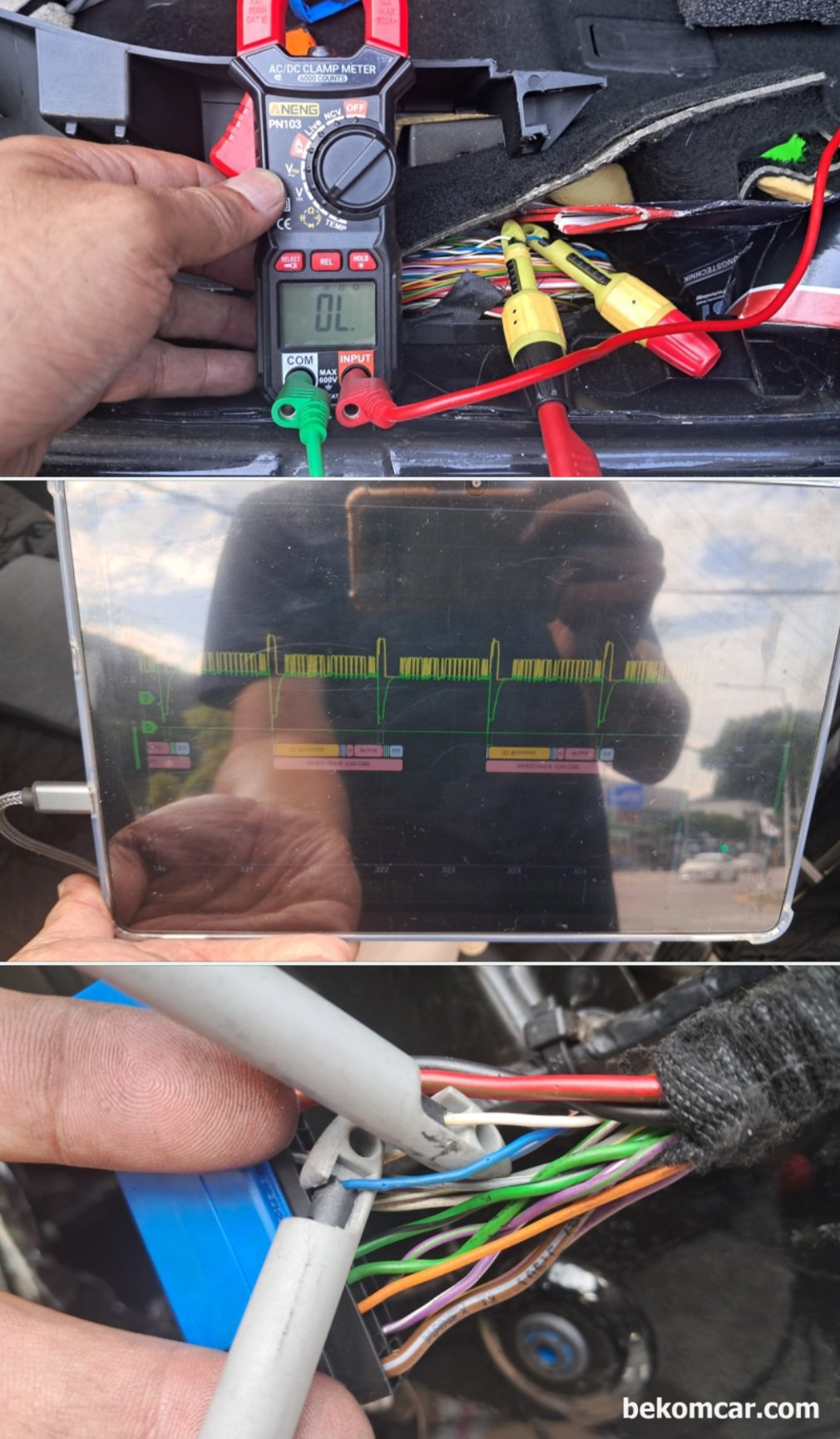 마세라티 기블리, CAN BUS U0202 통신에러 진단과정, 배선 찾는것이 쉽지 않다., 캔 통신 High & Low 배선 상태를 차분히 하나씩 점검해 나간다. 이 작업은 상당한 집중력과 인내심이 필요한 작업이다. 마세라티 기블리 2014년의 경우 창문쪽 CAN High는 파란색 그리고 CAN LOW는 하얀색 와이어 이다. 작업 후에는 꼭 테사테이프 등으로 마무리 작업을 잘 해 주어야 한다.|베콤카 차량정밀진단