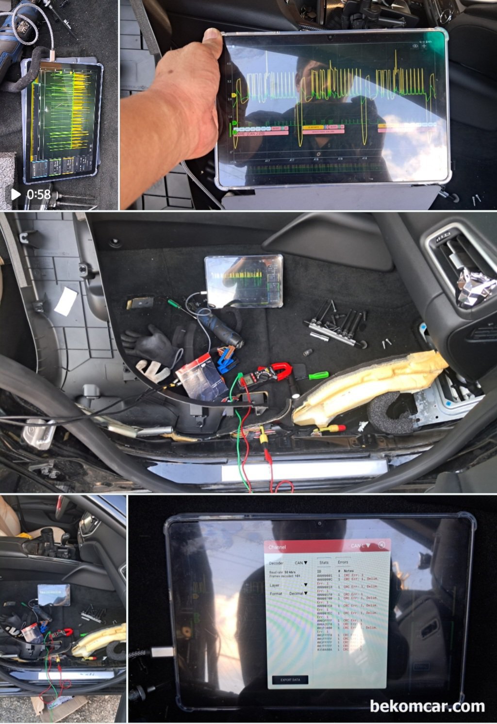 마세라티 기블리, CAN BUS U0202 통신에러 진단과정, 배선 찾는것이 쉽지 않다., CAN 통신파형 디코딩으로 캔통신 에러 확인후, 의심되는 부분을 하나씩 점검해 나간다. 마세라티 기블리 2014년의 경우 조수석 대시보드 아래쪽에 BCM 모듈이 있다. 배선을 찾아내는 과정은 사실상 상당히 쉬울수도 또 어려울수도 있다. 영상으로 CAN HIGH & CAN LOW 배선을 차례로 점검하며 파형의 변환을 재 확인한다. CAN LOW 통신선 배선에 문제가 확정된다.|베콤카 차량정밀진단