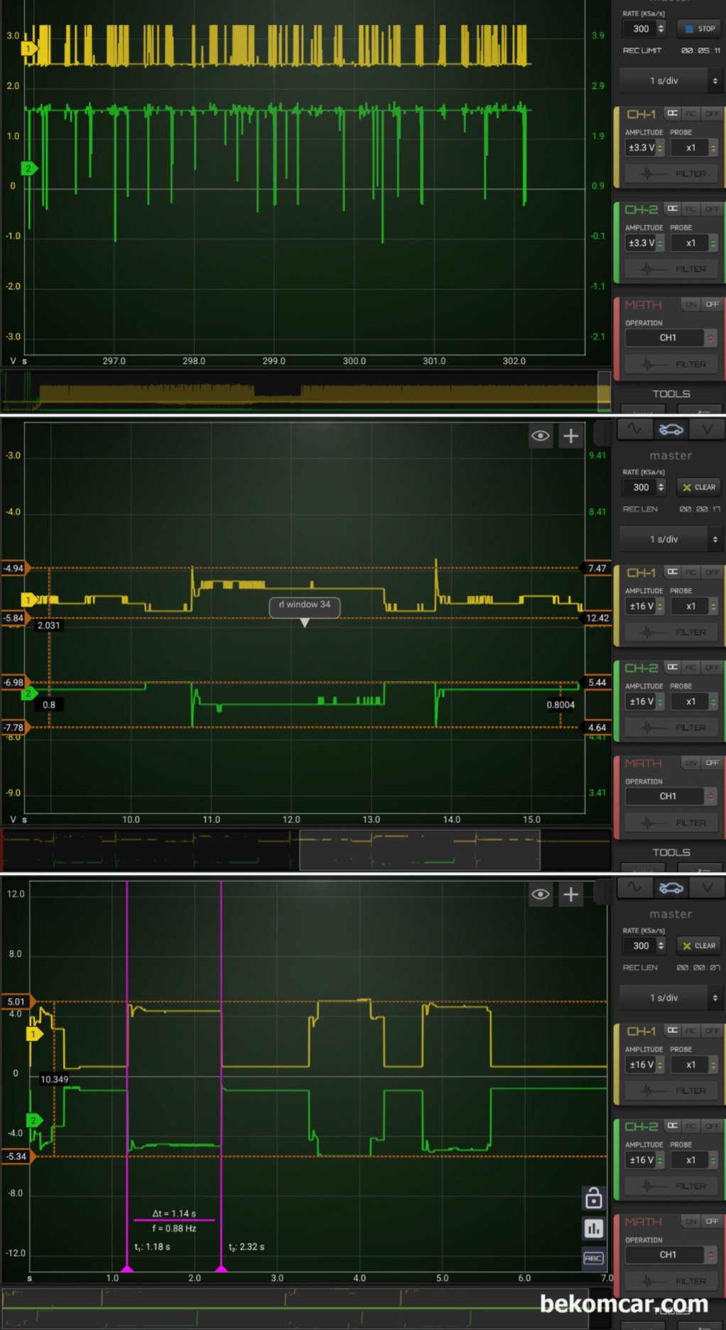 마세라티 기블리 U0202 캔버스 통신에러 파형기록, 마세라티 기블리 U0202 캔버스 통신에러 파형기록이다. 운전석 뒤 창문의 동작상태 파형분석을 통하여 조수석 뒤 창문 통신제어 상태를 파악하는 과정이다. 캔 로우 CAN LOW 파형이 유효하지 않게 측정된다.|베콤카 차량정밀진단