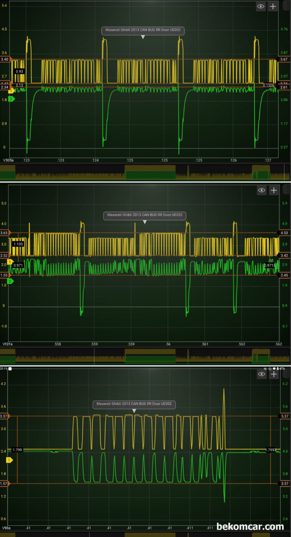 마세라티 기블리 U0202 캔버스 통신에러 파형기록, 마세라티 기블리 U0202 캔버스 통신에러 파형기록 이다. 여러 프레임 기준으로 측정한다. 배선 점검. 모듈 탈거등 과정을 하면서 동시에 파형의 변화를 모니터링 한다.|베콤카 차량정밀진단