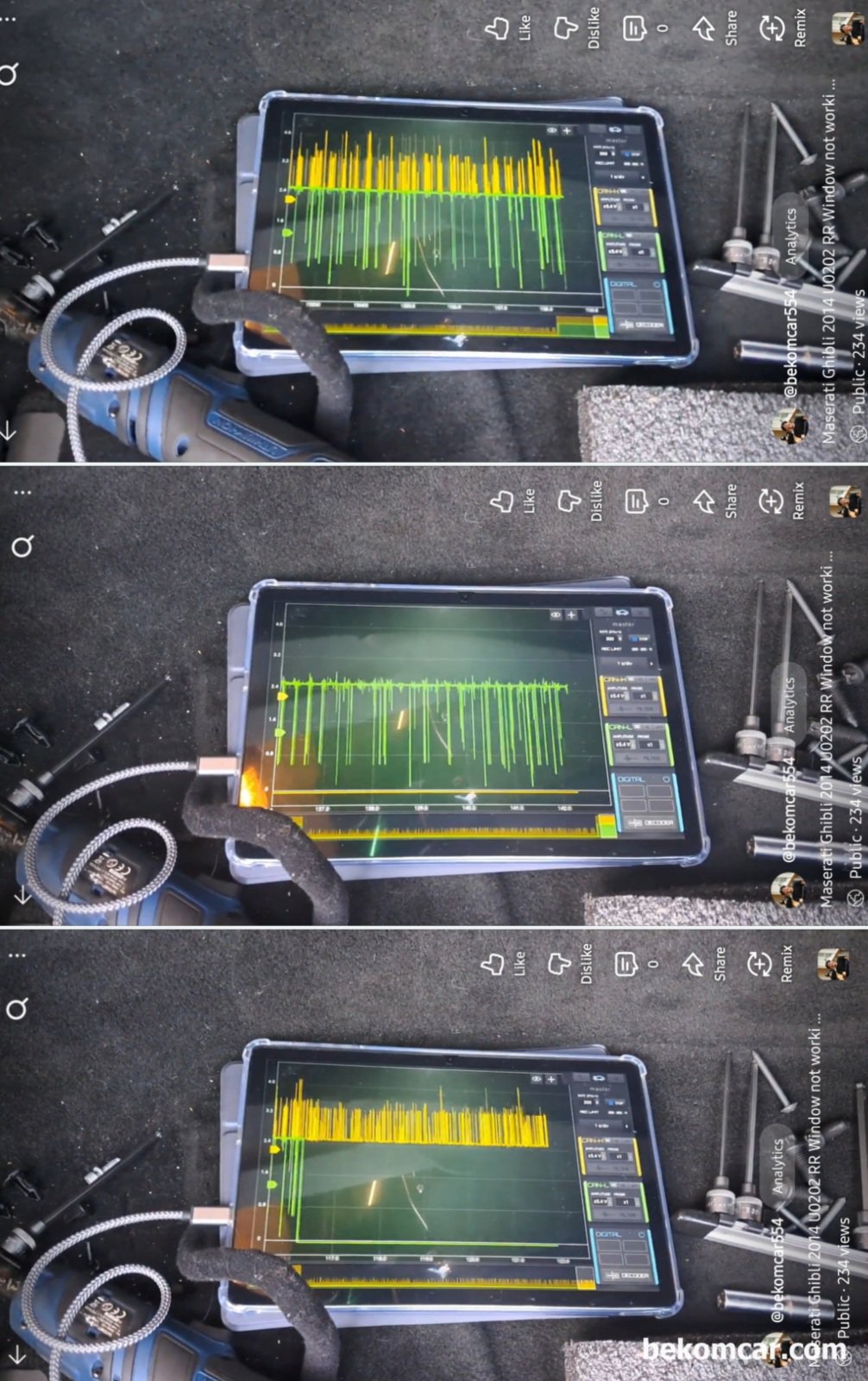 마세라티 기블리 U0202 캔버스 통신에러 파형기록, 마세라티 기블리 U0202 캔버스 통신에러 파형기록 이다. 캔 하이 및 캔 로우 연결 전 후의 파형변화 이다. 노란색이 캔 하이 CAN HIGH 이고 초록색 파형이 캔 로우 CAN LOW 이다.|베콤카 차량정밀진단