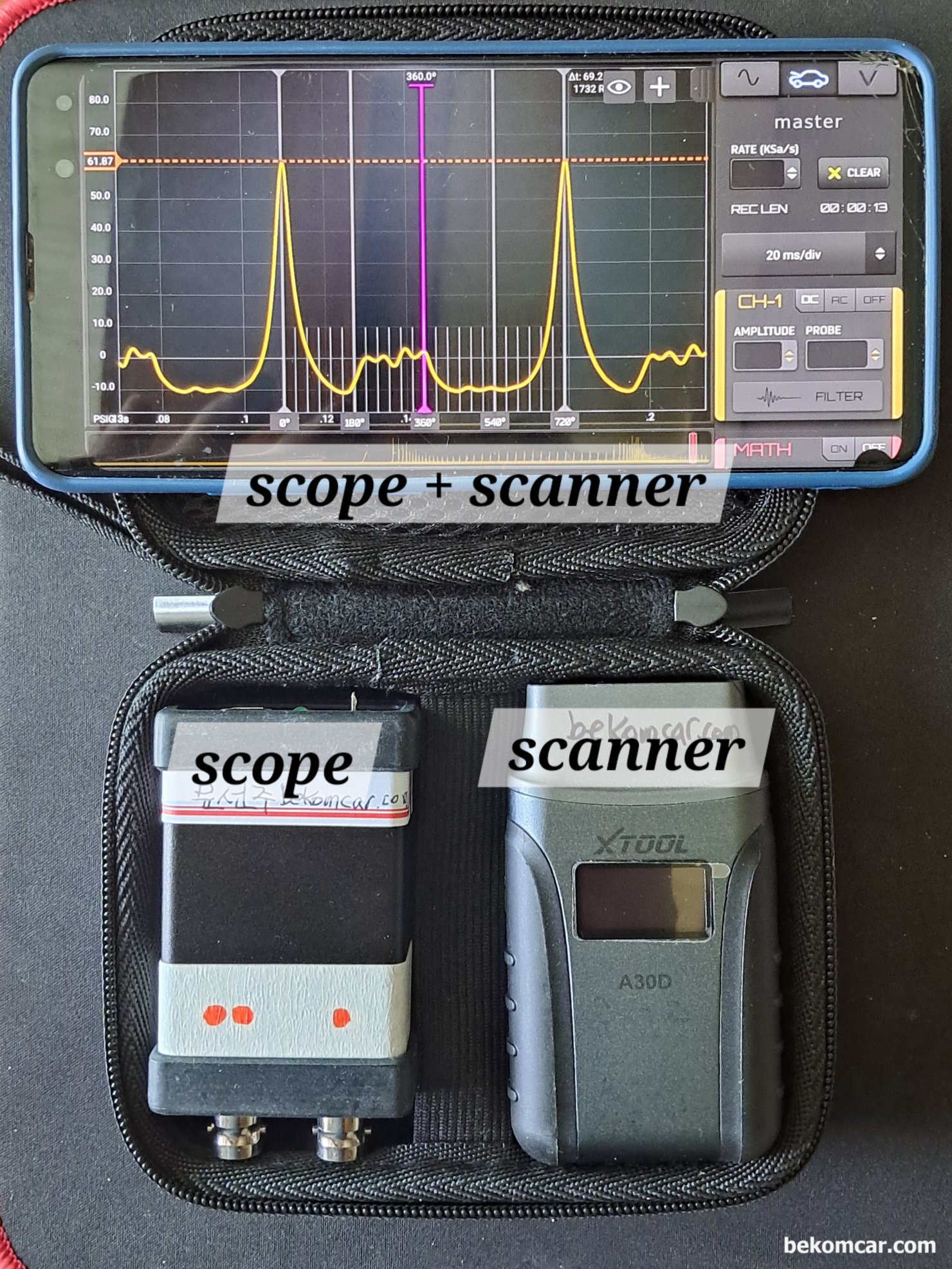 출장진단 용 오실로스코프 와 스캐너, 정비시 필수품, 오실로스코프 화면은 실린더압축압력 파형으로 실제로 측정하고 진단하는 과정이다. 엔진 실화, 부조, 타이밍, 밸브상태, 헤드상태, 피스톤 링 등 상당한 엔진기계적 고장 진단에 필수이다.|베콤카 차량정밀진단
