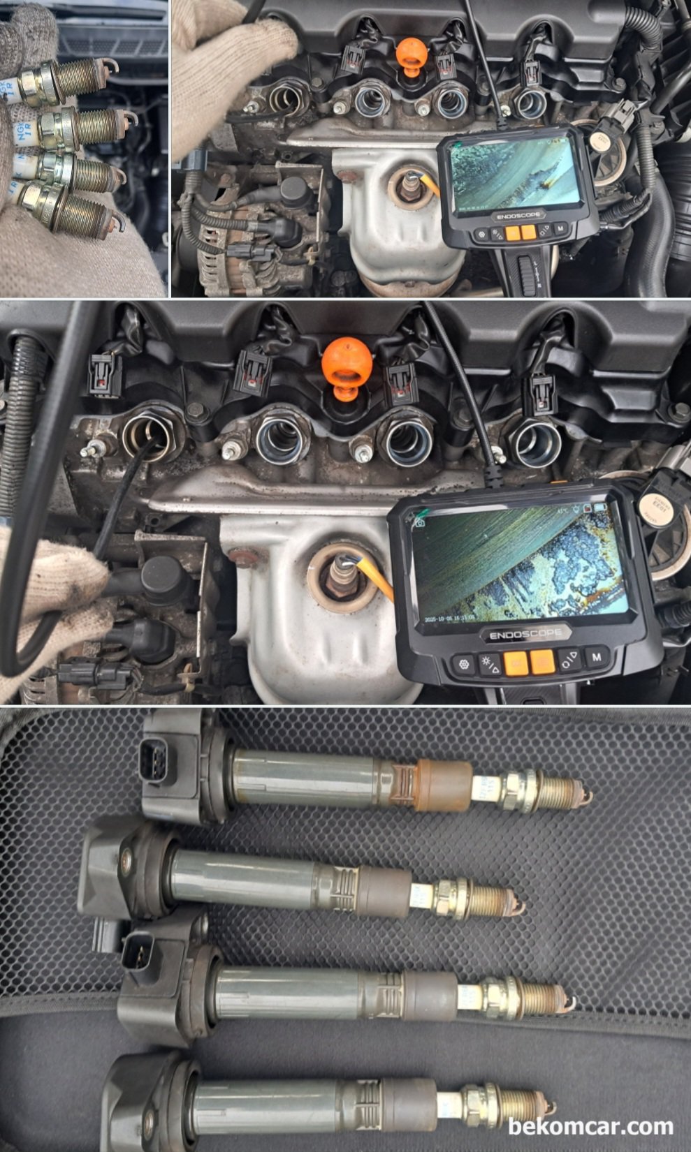 산소센서2번 파형 & 촉매 효율저하 내시경 검사. 시빅 1.8L 사례, 혼다 시빅 8세대 1.8L의 점화 플러그 파울링 현상은 전혀 없다. 다행이다. 처음에는 파울링 현상이 있었기 때문이다. 그리고 내시경 검사 결과 엔진 블럭과 헤드 사이에 카본 상태가 확인되고, 밸브 뒤쪽 흡기 쪽으로는 많은 카본이 융해되는 과정임을 알 수 있는 상태도 관찰되었다.|بيكومكار  (bekomcar)