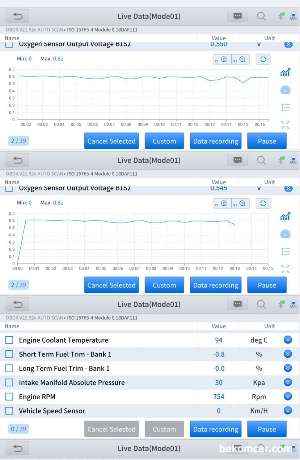 중고차 구매전 필수 점검 항목 - 연료보정값 (Fuel Trim), 혼다 시빅 사례, 중고차 구매는 항상 리스크가 있다. 엔진쪽 진단 항목중 연료보정값 은 매우 중요하다. 이번 측정 차량은  혼다 시빅 사례 이다. 약 180km 주행구간, 고속주행, 크루싱, 막힌 구간등 다양한 운행 환경 주행 후에 측정한 단기 연료 보정값이 약 -0.8% 그리고 장기 연료보정값이 약 -0.0% 정도로 매우 만족스럽다. 또한 촉매 상태를 알 수 있는 B1S2 파형도 지평선처럼 약 0.55V 정도로 측정 된다.|بيكومكار  (bekomcar)