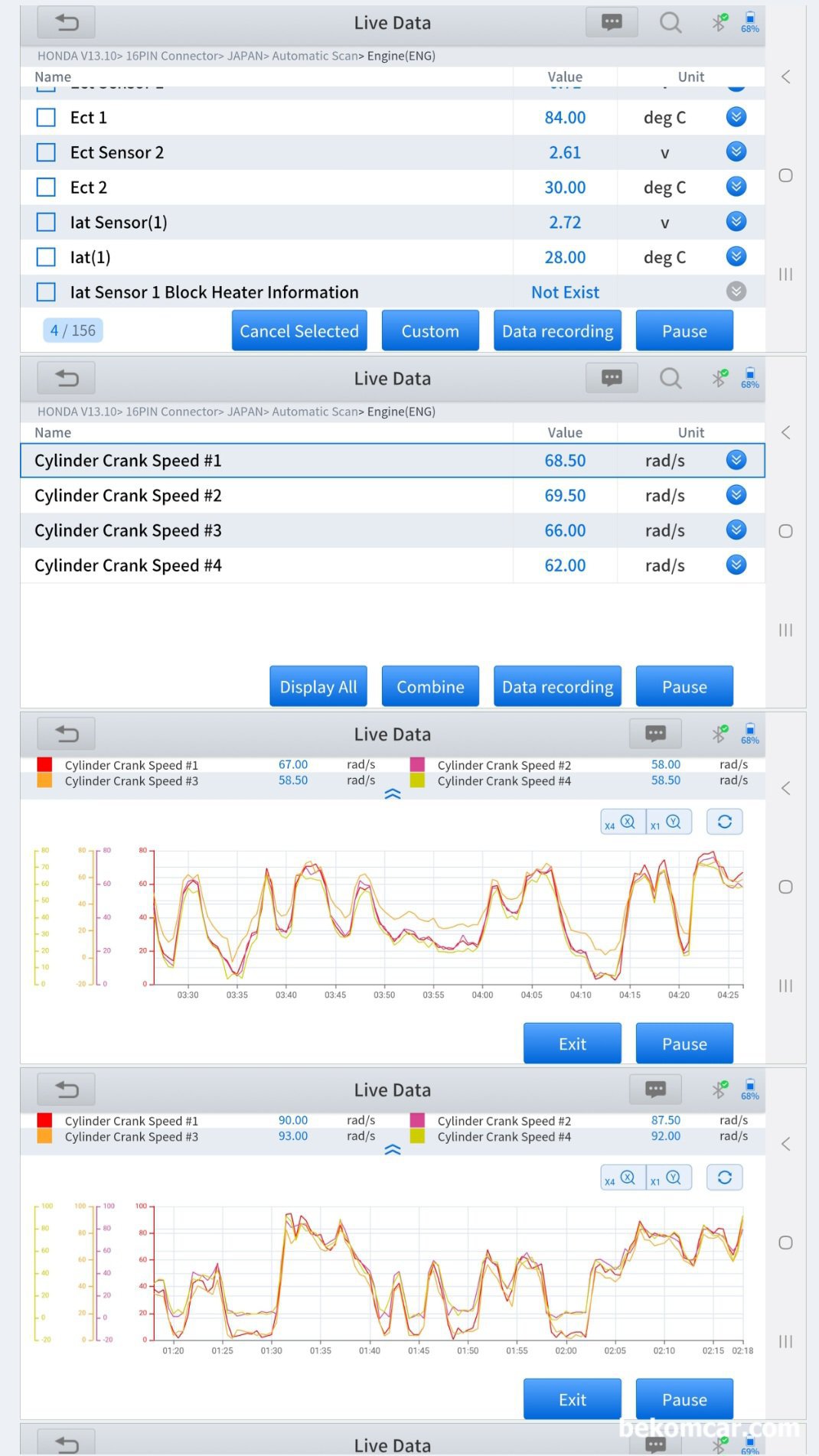 어코드 9세대 중고차 건강검진 결과, 엔진상태 매우 좋다, 산소센서2번 (촉매상태 파악) 그래프도 100%는 아니어도 그래도 만족스러운 상태이다. Global OBD2 의 Mode$6 테스팅 데이터에서도 촉매는 PASS로 확인된다. 그리고 실린더 크랭크 스피드 #1번부터 4번까지 모두 다 매우 좋게 측정된다. 다른말로 엔진이 부조나 실화없고 인젝터등 모든 것이 다 좋다는 의미이다.  Cyliner Crank Speed 단위는 rad/s 로 표시한다. -8.00 rad/s 등이 있는경우에는 실화로 진단한다.|بيكومكار  (bekomcar)