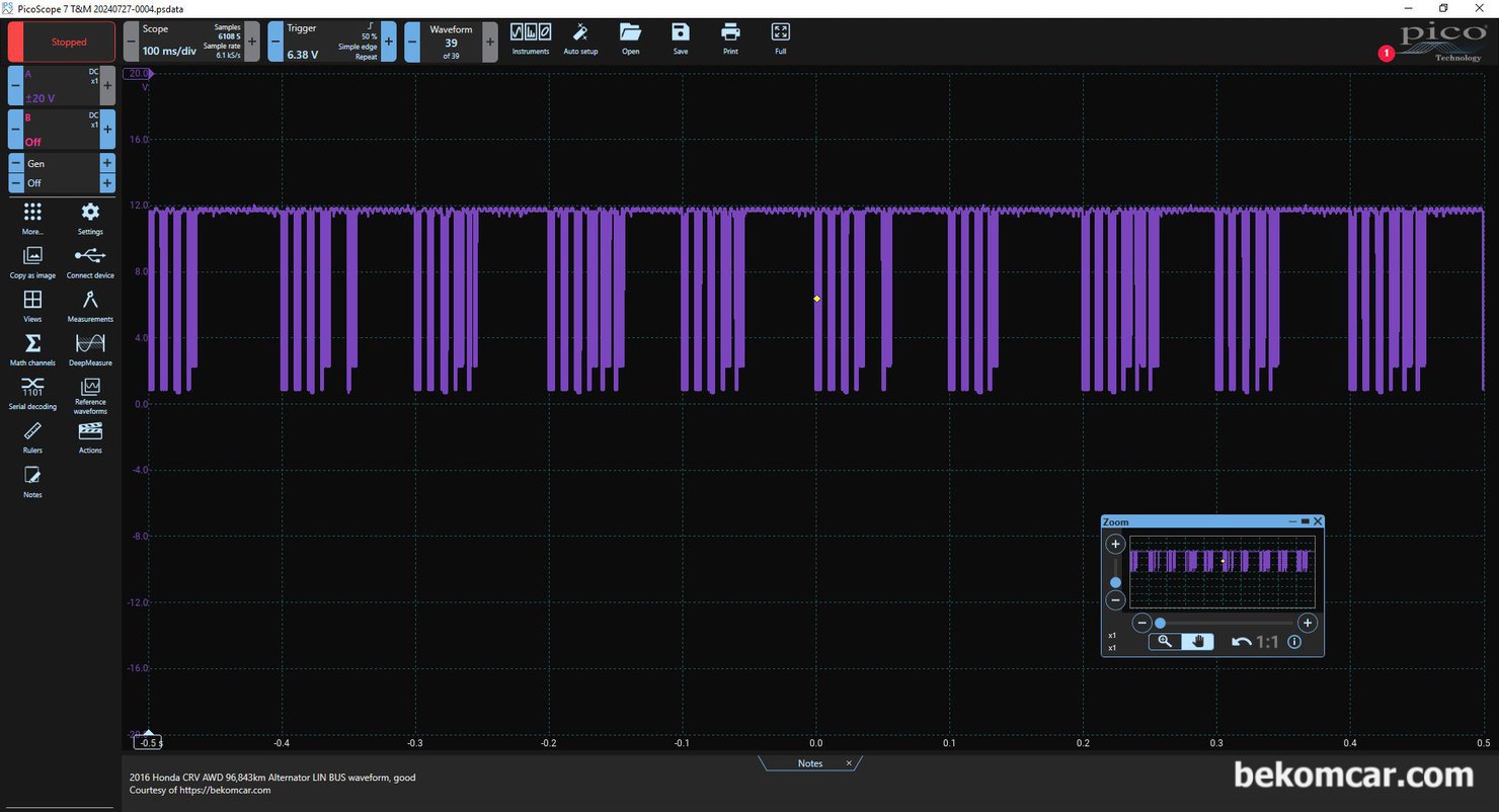 혼다 어코드 시빅 CRV등 IBS 위치 및 구조, Check Charge System 관련, 혼다 CRV의 알터네이터 제어 LIN BUS 통신 파형이다. 정상적인 파형으로 Check Charge System 진단 점검시 파형을 참고하여 진단 정비 하는것도 좋다.|بيكومكار  (bekomcar)