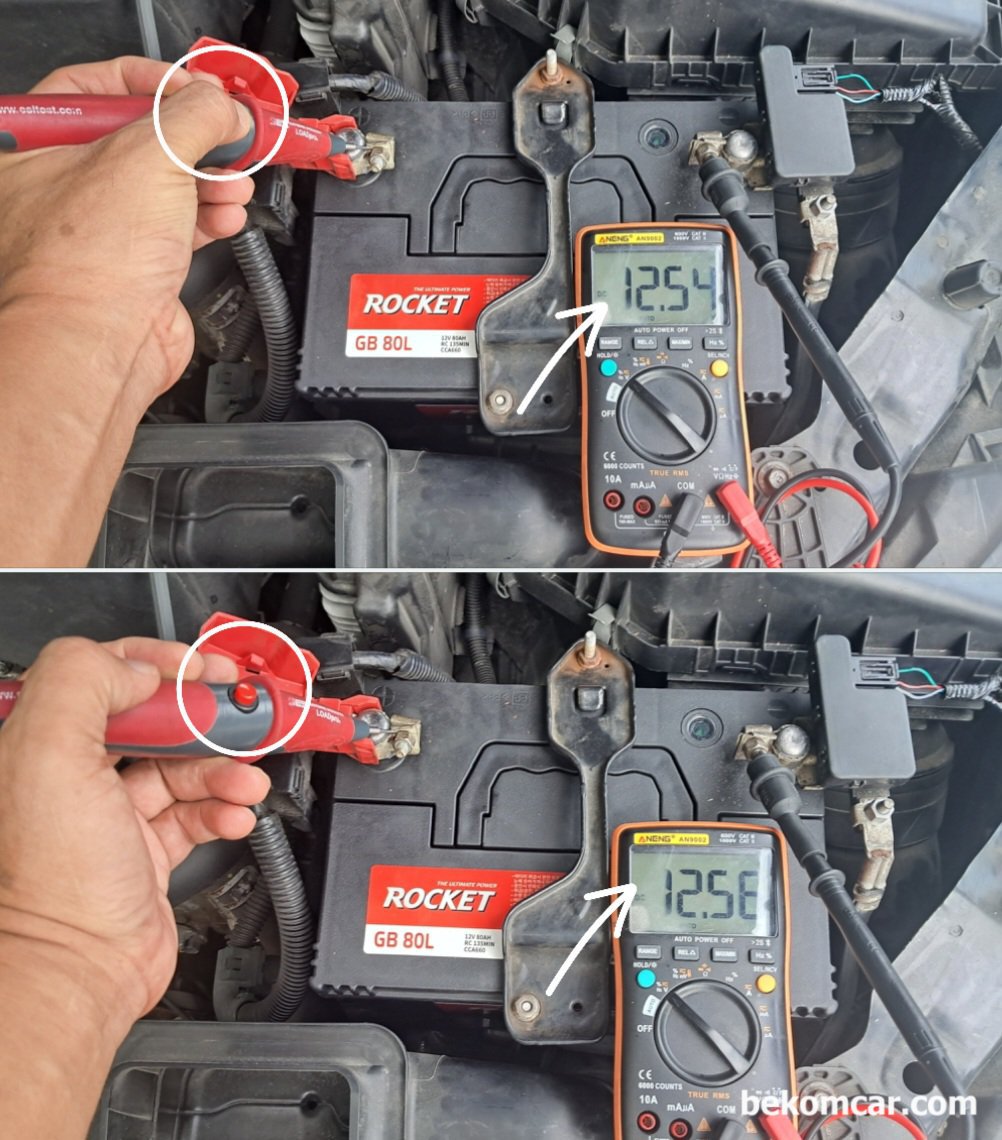부하전압강하, 모든 전기 진단시 필수 점검항목. 어코드 9세대 P16E3 사례, 배터리 포스트간 전압을 확인 후에 배터리 연결 터미널 (케이블 단자) 에서 전압 측정한다. 그리고 추가로 부하전압 을 측정한다. 그러면 배터리 Power & Ground 회로 전체를 한 바퀴 돌아오는 회로에 부하 전압 강하가 있는지 알 수 있다. 이번 혼다 어코드 9세대 차량은 부하 전압 강하가 약 20mV 정도이다. 매우 만족 스런 부하 전압강하 측정 값이다. 추가로 OBD2 (DLC)의 16번과 5번, 16번과 4번 간 저항과 부하전압강하 도 함께 측정한다. 이 작업만 하면 차량내 전체적인 부하 전압강하 상태를 알 수 있고, 안심하고 전기적 고장 진단 작업을 할 수 있다. 베콤카에서 LOADPro를 부하전압 강하 프로브를 사용하고 있다.|بيكومكار  (bekomcar)