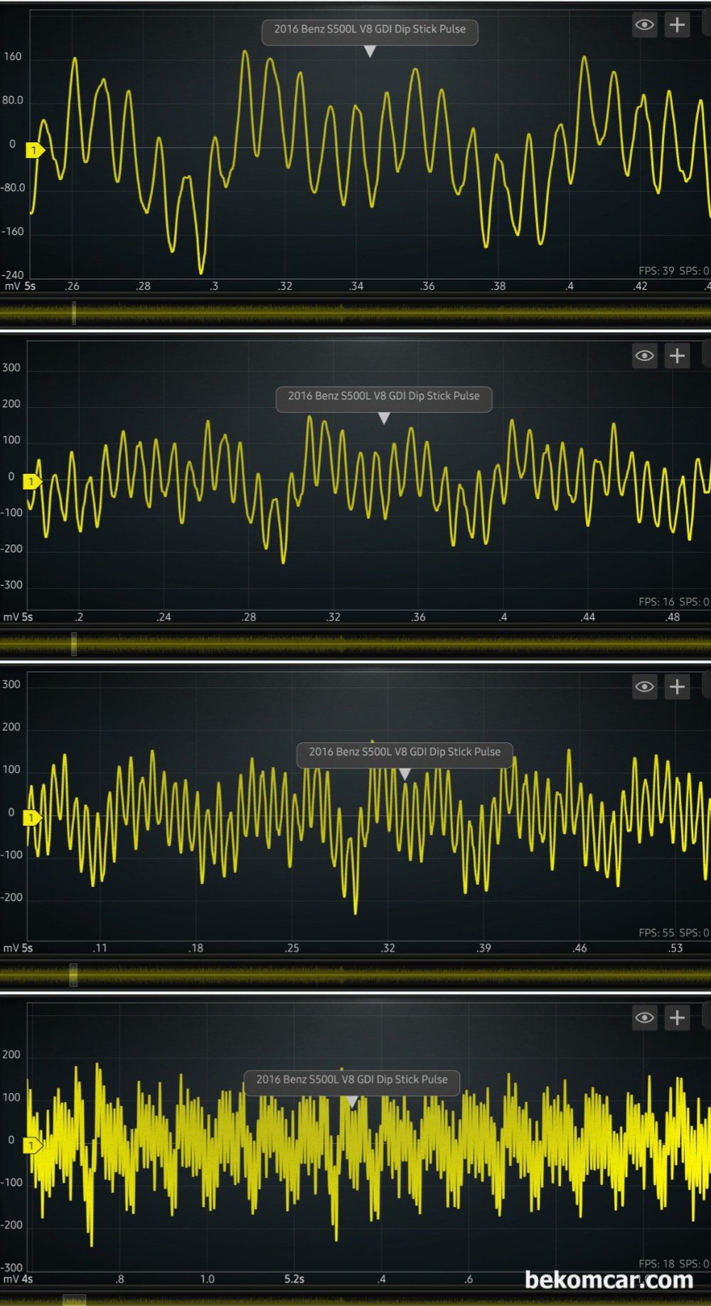 벤츠 W222 S500 중고차 구매전 점검, 크랭크케이스 블로우바이 파형기록, 벤츠 W222 S500 중고차 구매전 점검, 크랭크케이스 블로우바이 파형으로 수학채널을 사용하여 주파수로 변환하기 전의 원시 파형이다. 일반적인 파형과 달리 물결모양을 보여주고 있다. 크랭크 케이스 내부의 압력의 변화가 일정하지 않고 오르락 내리락 한다는 의미이다.|베콤카 차량정밀진단