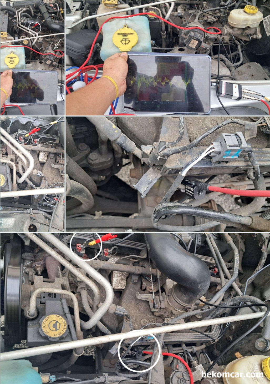 지프 랭글러 TJ, 진동센서 파형분석 인젝터 작동상태 진단기록, 연료레일로 들어가기 직전의 연료파이프 (Inlet)에 진동센서 를 설치하고 실린더 싱크에는 인젝터 1번에 연결하였다. 점화코일은 구조적인 이슈로 싱크가 쉽지 않지만 인젝터는 위치가 매우 좋기 때문이다. 인젝터 분사량 및 작동상태를 기본적인 수준으로 빨리 파악하기에는 좋은 방법이다. 인젝터 맥동 측정 차량은 지프 랭글러 TJ 2006년 인라인 6기통 4.0L 이다.|بيكومكار  (bekomcar)