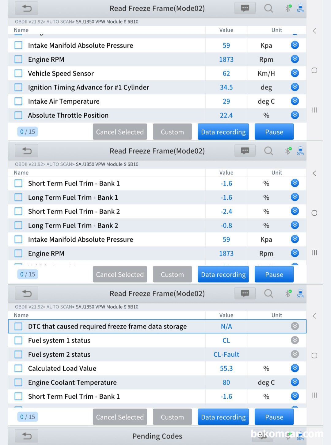 지프 랭글러 TJ 2006년 P0153 P0133 P2098 고장코드 진단기 데이터 분석기록, 고장코드 발생당시의 엔진내 데이터값을 분석해본다. 일종의 엔진 블랙박스 같은 데이터이다. MAP 59kPA, 1873RPM 에 약 67km/h 주행중이고 쓰로틀이 약 22.4% 열리고 뱅크1 & 뱅크2 연료보정값은 -0.8% ~ -2.4% 정도이다. 연료제어 시스템은 Bank1은 'CL' 로 정상, Bank2는 'CL-Fautl' 상태오 Plan B로 제어중이며 냉각수온도는 80도 정도 이다. 사실상 이 데이터값으로만 분석하면 Fuel System2 Status가 'CL-Fault' 이고 고장코드가 발생 할 수 없는 상태이다. 뭔가 앞 뒤가 맞지 않는 논리모순의 이상한 상태이다.|بيكومكار  (bekomcar)