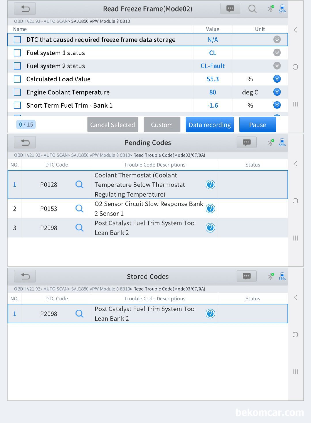 지프 랭글러 TJ 2006년 P0153 P0133 P2098 고장코드 진단기 데이터 분석기록, 현재 대기중인 고장코드가 P0128, P0153, P2098 이다. 그리고 Stored 고장코드는  'P2098 Post Catalyst Fuel Trim System Too Lean Bank2' 이다. P0128 고장코드는 공연비 농후를 불러오는데, 이것 웃기게 정반대인 '희박' 을 볼러온다. 그리고 80도 이면 정상으로 봐야 하는데 너무 낮다고 ECM은 판단하는 것인데, 이것도 참 보통적이지 않다.|بيكومكار  (bekomcar)