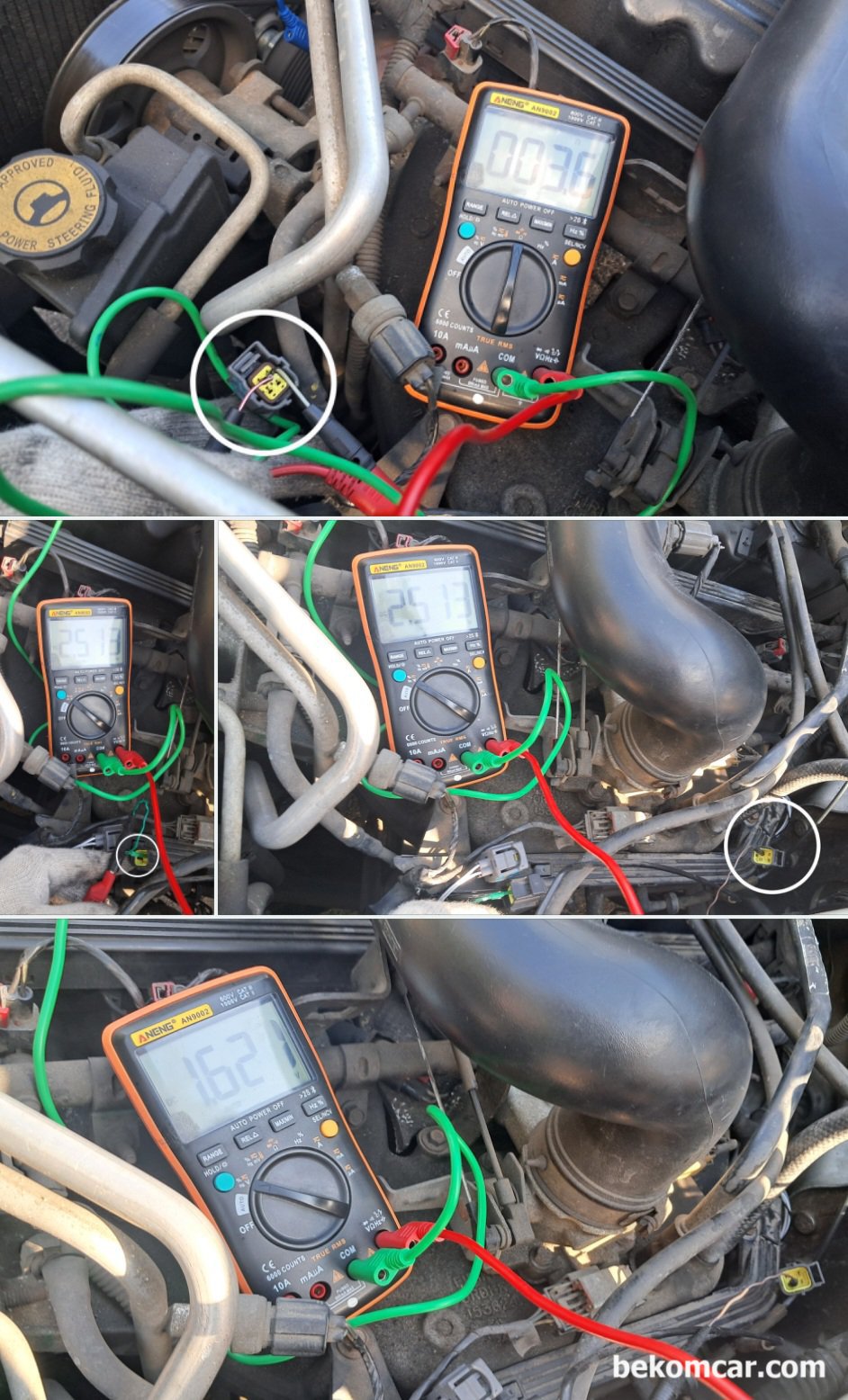 지프 랭글러 TJ P0153 산소센서1번 응답속도 느림 고장코드 진단결과 ECM 교체요, 지프 랭글러 TJ P0153 뱅크2 산소센서1번 응답 느림 진단 과정이다. 뱅크1 & 뱅크2 산소센서1 번 코넥터 분리 후에 히터코어 저항을 측정한다. 약 3.5 ~3.8옴 정도 측정된다. 크라이슬러 지프 차량기준 정상 범위다.  그런데 Return 시그널의 측정값이 2.50V 정도이다. 빼박 고장이라는 의미이다. 다음 질문은 산소센서인자, 배선인지, 코넥터 인지, 도둑공기인지, ECM인지 등 을 알아내야 한다. 결론은 ECM 고장으로 확정된다.|بيكومكار  (bekomcar)