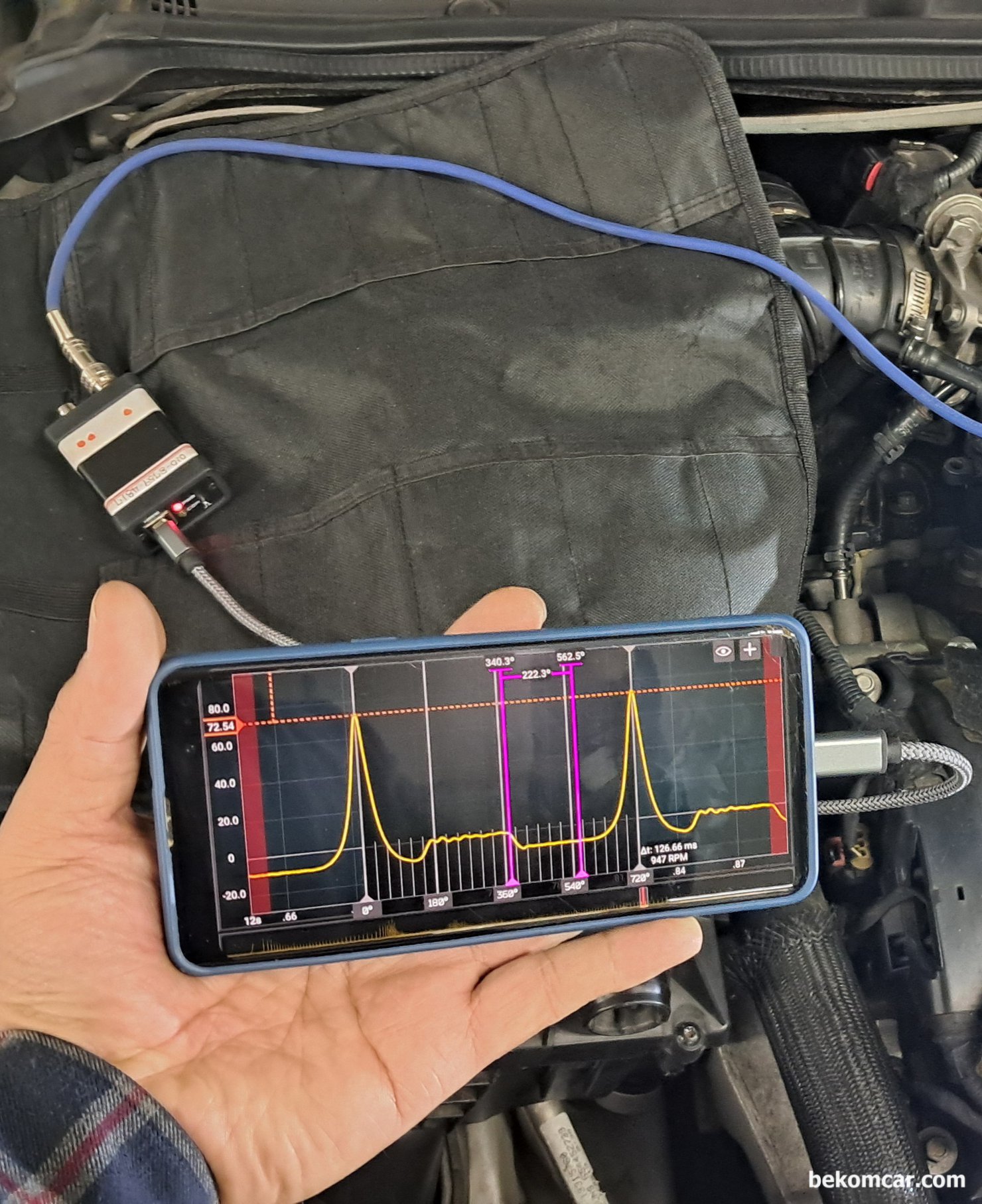 HS512Max 오실로스코프 액션, GM대우 알페온 V6 3.0L 진단사례, GM대우 알페온 P0420 P0430 실화등 엔진 진단에 512Max 오실로스코프 와 ROTKEE의 실린더압축압력센서 PS16을 사용했다. HS512Max 스코프는 자동차용 프로그램도 제공되며 수학채널에 12Bit를 지원하여 정비소에서 가장 필요로 하는 기능을 가장쉽게 사용할 수 있게 했다. 이번에도 안드로이드 폰 에서 쉽게 실린더압축 압력 측정을 했다. 흡기밸브, 배기밸브 ,캠 새포트, 양정, 타이밍, 피스톤 링, 밸브 시팅 등 엔진내 기계적 상태진단에 필수측정 장비이다.|bekomcar.com