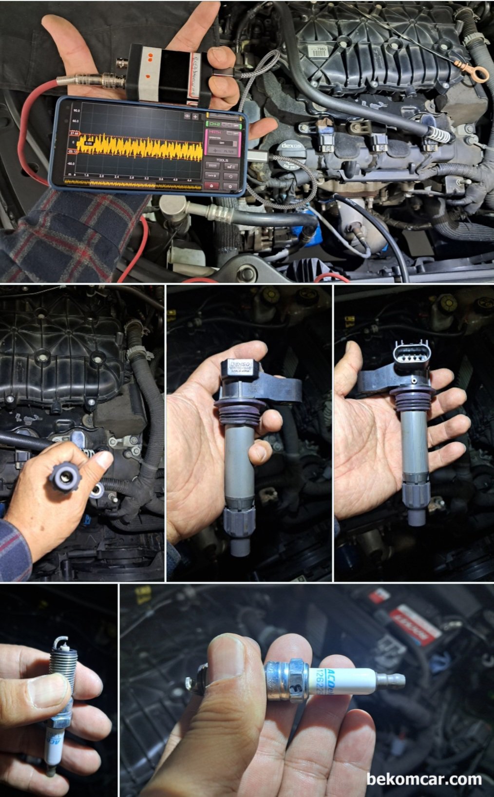 HS512Max 오실로스코프 액션, GM대우 알페온 V6 3.0L 진단사례, Loren (martinloren.com)의 자동차전용 2채널 12Bit 오실로스코프 와 ROTKEE 의 피에조 펄스센서를 이용하여 딥 스틱에서 크랭크케이스 압력변화를 측정하고 있다. V6임을 감안하면 피스톤 링 리크는 없는 것으로 진단한다. 점화코일 및 점화플러그 상태도 특이사항 없다. 진단 차량은 GM대우 2013년 알페온3.0L 이다.|bekomcar.com