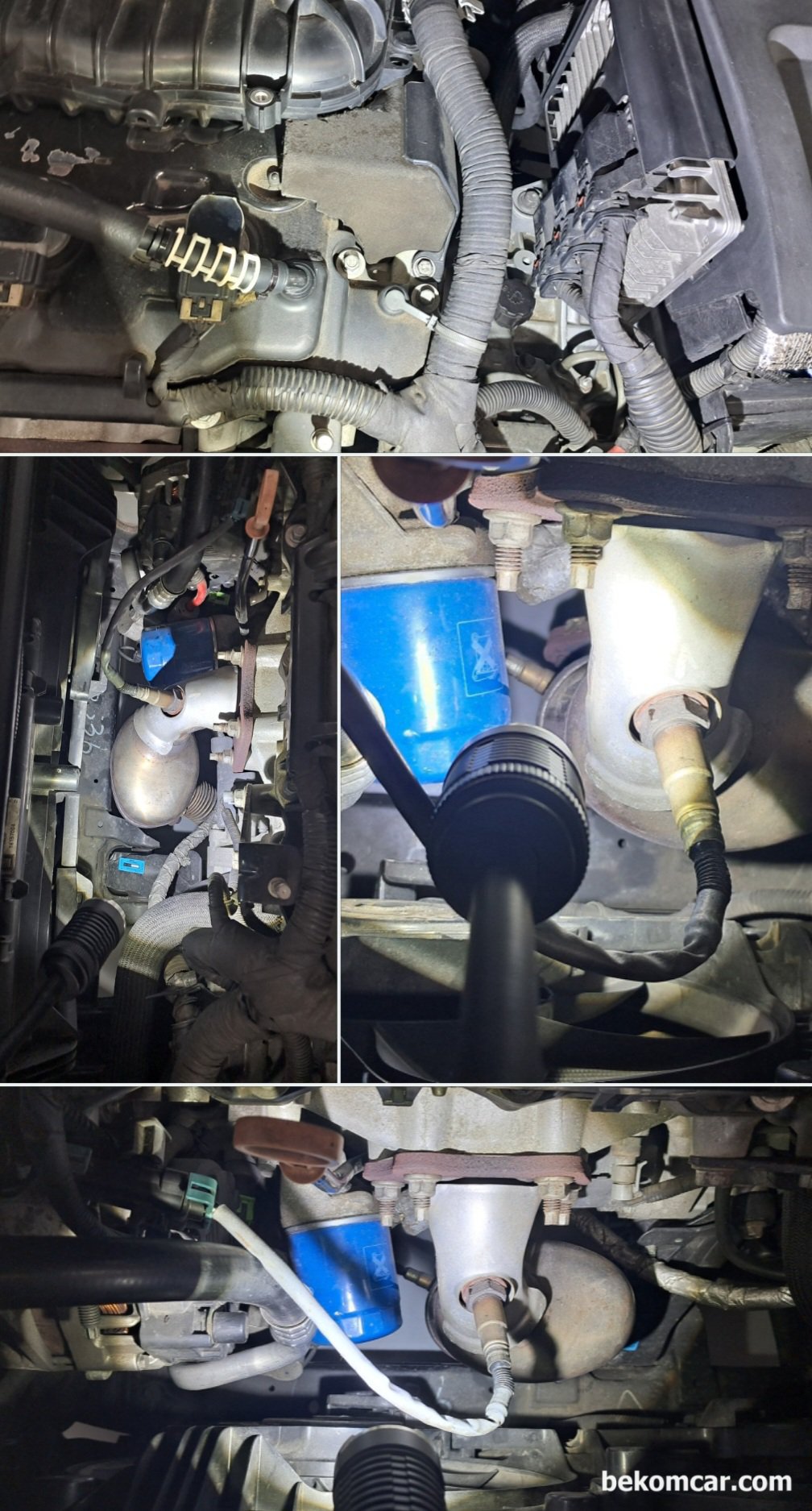 HS512Max 오실로스코프 액션, GM대우 알페온 V6 3.0L 진단사례, GM대우 2013년 알페온3.0L 촉매효율저하 P0420 P0430 진단 기록이다. 뱅크2 촉매의 접근성은 좋다. 촉매전 산소센서1번 (AFR) 과 촉매후단 산소센서가 확인된다. 다행히 고착등 현상은 없느듯 하다.|bekomcar.com