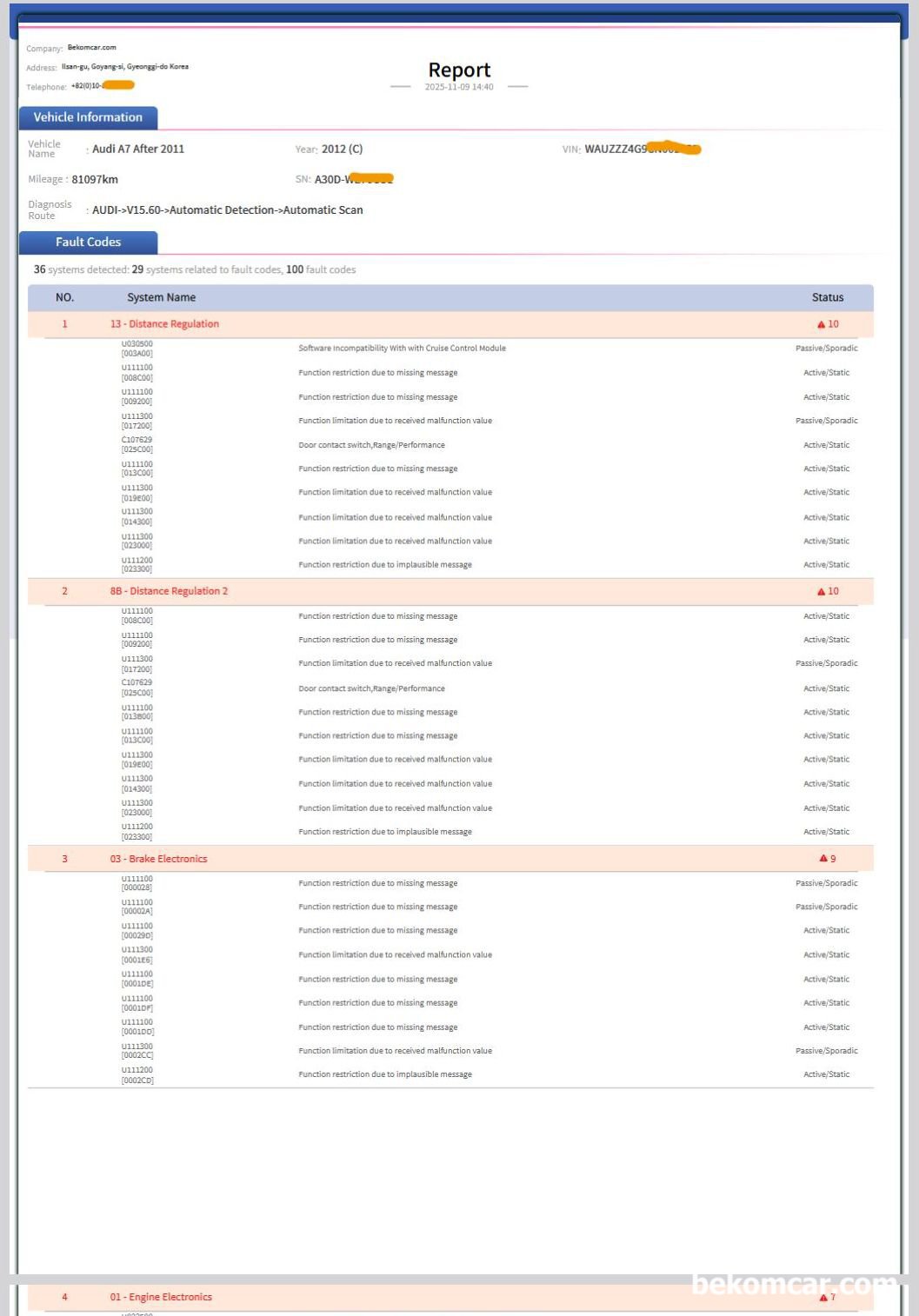 아우디 A7 콰트로 V6 3.0L TFSI CGXB 엔진, 캔 통신 고장코드 기본 점검기록, 아우디 A7 콰트로 V6 3.0L TFSI CGXB 엔진, 캔 통신 고장코드 기본 점검기록으로 스캔자료 1/3 이다. U*관련 고장코드가 잔뜩나온다. 대충 100개 고장코드 이다.|ベコムカー (bekomcar)