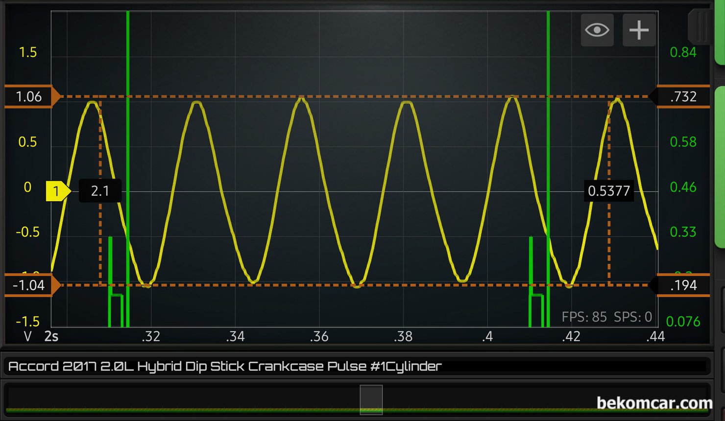 2017년 혼다 어코드 하이브리드 중고차구입전 점검기록 (피스톤 링 상태), 한 점화 싸이클 구간에서 규칙적인 사인파형이 측정된다. 그리고 피스톤 상사점 구간에서 압력의 변화가 없다. 피스톤 링이 정상이라는 의미이다. 2017년 혼다 어코드 하이브리드 중고차구입전 점검기록 (피스톤 링 상태) 이다.|بيكومكار (bekomcar)