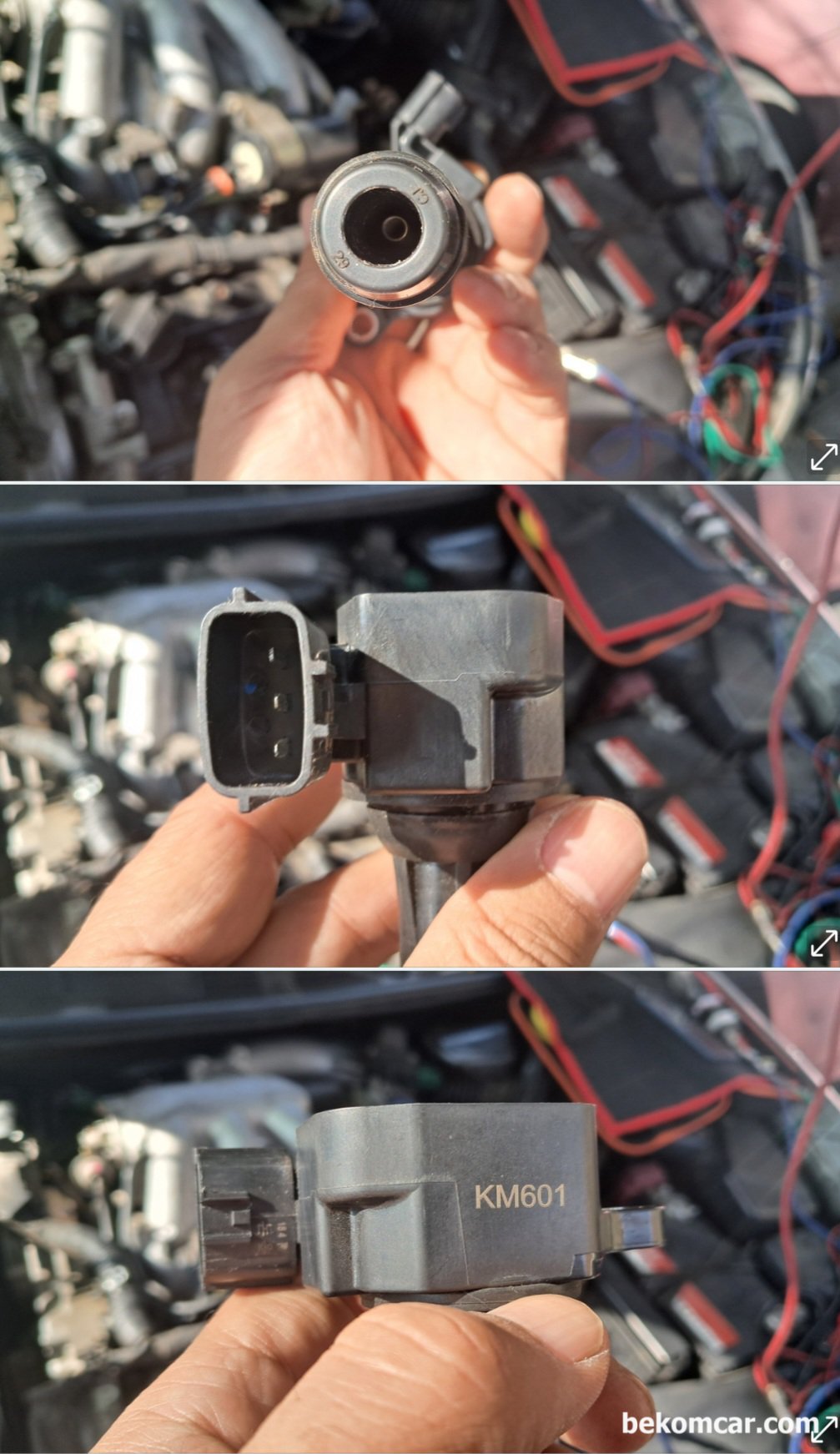 2006년 르노삼성 SM7 2.3L V6 P0303 실화진단 (점화2차파형, 점화코일. 플러그), 2006년 르노삼성 SM7 2.3L V6 P0303 실화진단 과정 기록이다. 새로 교환한 점화코일 점화플러그 파형이 고장으로 측정되어, 점화코일 과 플러그를 육안점검 해 본다. 일단 상당히 느슨하게 장착되어있고 점화코일을 살펴보니 '중국' 이라고 한글로 적혀있고 KM601 이라고 적혀있다. 순정이나 OEM 점화코일이 아니다. 이런경우 시간문제이지 꼭 실화가 발생하면서 운 없으면 엔진쪽 데미지 줄 수 도 있다. 점화코일과 점화플러그는 매우 중요한 부품이니 꼭 순정이나 OEM을 사용하는것이 돈 아끼는 길이다.|贝科姆汽车 (bekomcar)