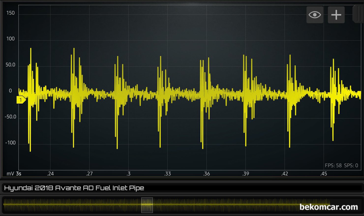 현대자동차 아반떼 AD 엔진점검 압축압력파형등 기록, 현대자동차 아반떼 AD 엔진점검 중 인젝터 동작상태를 측정한다. 다행히 인젝터는 상태가 좋게 측정된다. 미세한 분사량 차이등은 정확히 파악하기 힘들수 있다. 실제 인젝터 압력변화를 통하여 분사량 밸런스를 측정하는데 허용범위는 약 1PSI 정도이다.|بيكومكار (bekomcar)