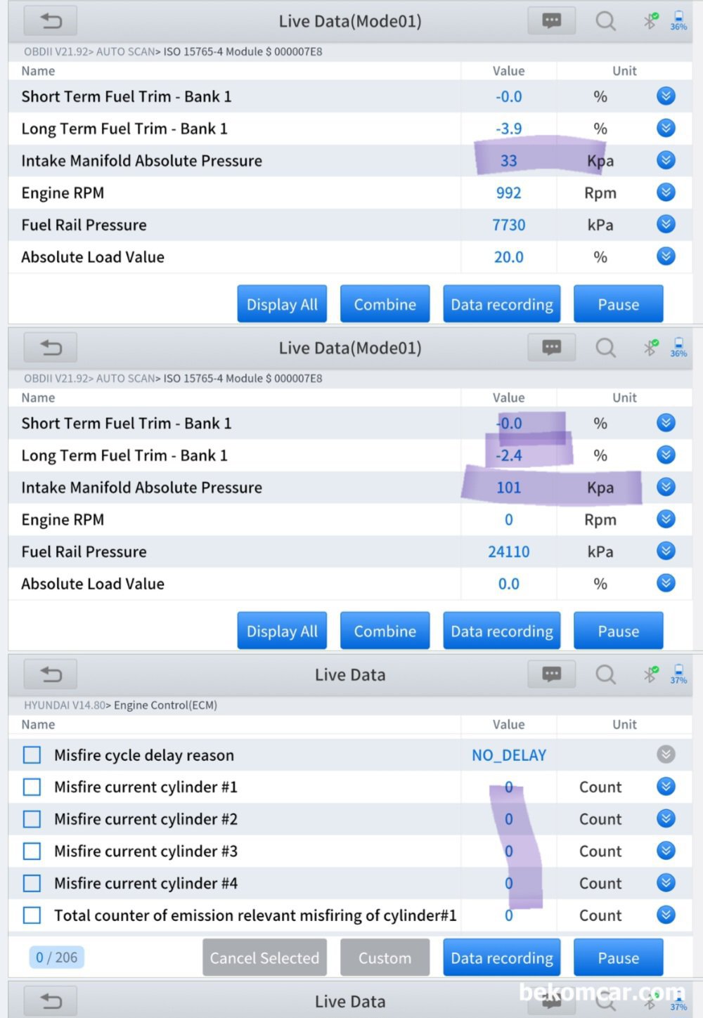 현대자동차 아반떼 AD 엔진점검 압축압력파형등 기록, 현대자동차 아반떼 AD 전체 시스템 진단이다. 1~4번 실린더 실화기록 에 실화카운트가 0 이다. 실화가 없다는 의미이다. 그리고 단기 연료보정값 및 장기연료보정값 역시 0.0% 와 -2.4%로 매우 좋다. 흡기매니폴드 압력도 약 33Kpa로 정상이다.|بيكومكار (bekomcar)
