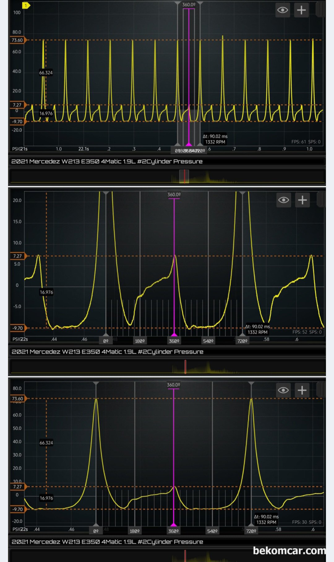 벤츠 M264엔진 (W213 E350) 엔진의 CAMTRONIC VVT 특징이 뭔가요?, 베콤카 중고차구매전 점검 서비스 기록중 엔진쪽 파형기록이다. 측정 차량은 벤츠 2021 W213.086 M264 TGDI 4MATIC 이다. 엔진 특성을 모르고 이 파형을 분석하면 오진 확율이 높아진다. 현대기아, 혼다, 벤츠, BMW, 포르쉐 등 대부분의 자동차 제조사는 각 기 다른 VVT 가변밸브 시스템을 사용한다. 방법론은 다르지만 목표는 다 똑 같다 - 공기조절을 통한 출력이나 배기가스 등 관리를 하는것이다.|ベコムカー (bekomcar)