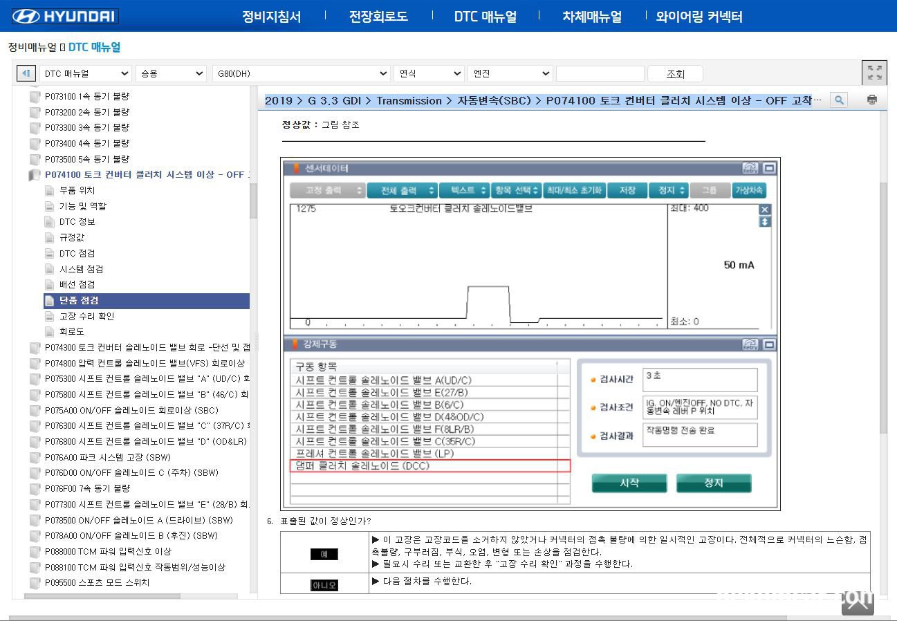 2019년 현대자동차 G80 3.3GDI 미션 고장코드P0741 떠서 미션교환 비용이 3백만원 이라서 걱정입니다., 출처 https://gsw.hyundai.com 정비메뉴얼 화면으로 2019년 현대자동차 G80 고장코드가 P0741 관련 점검시에 참고하도록 한다.|贝科姆汽车 (bekomcar)