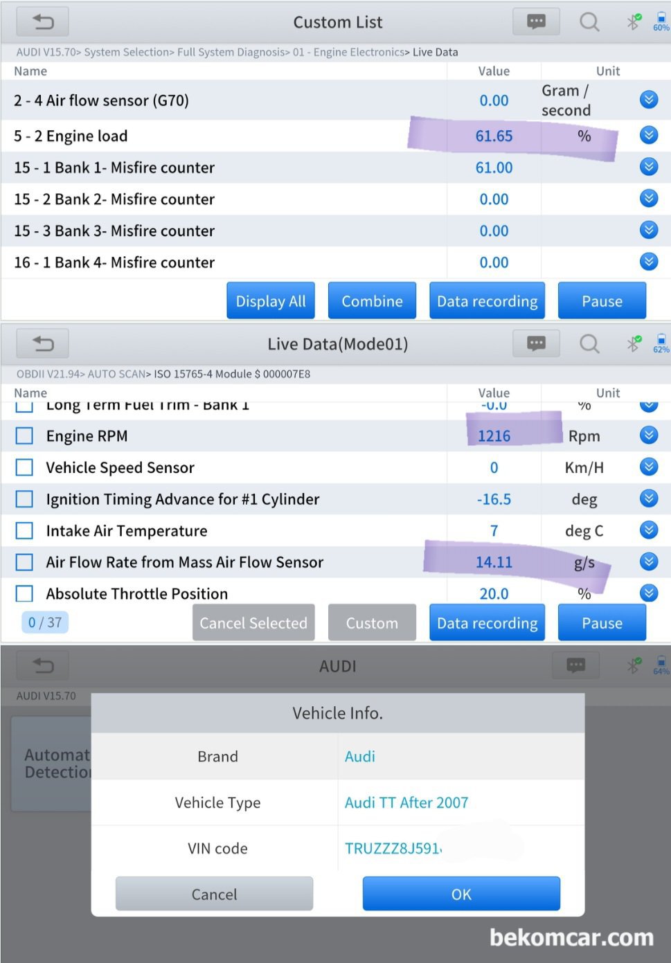 아우디 TTS COUPE QUATTRO MK2 실화 점검기록, 아우디 TTS COUPE QUATTRO MK2 실화 점검기록, 아이들시 엔진부하가 61.65% 그리고 14.11g/s MAF값이 측정되고 있다.|بيكومكار  (bekomcar)