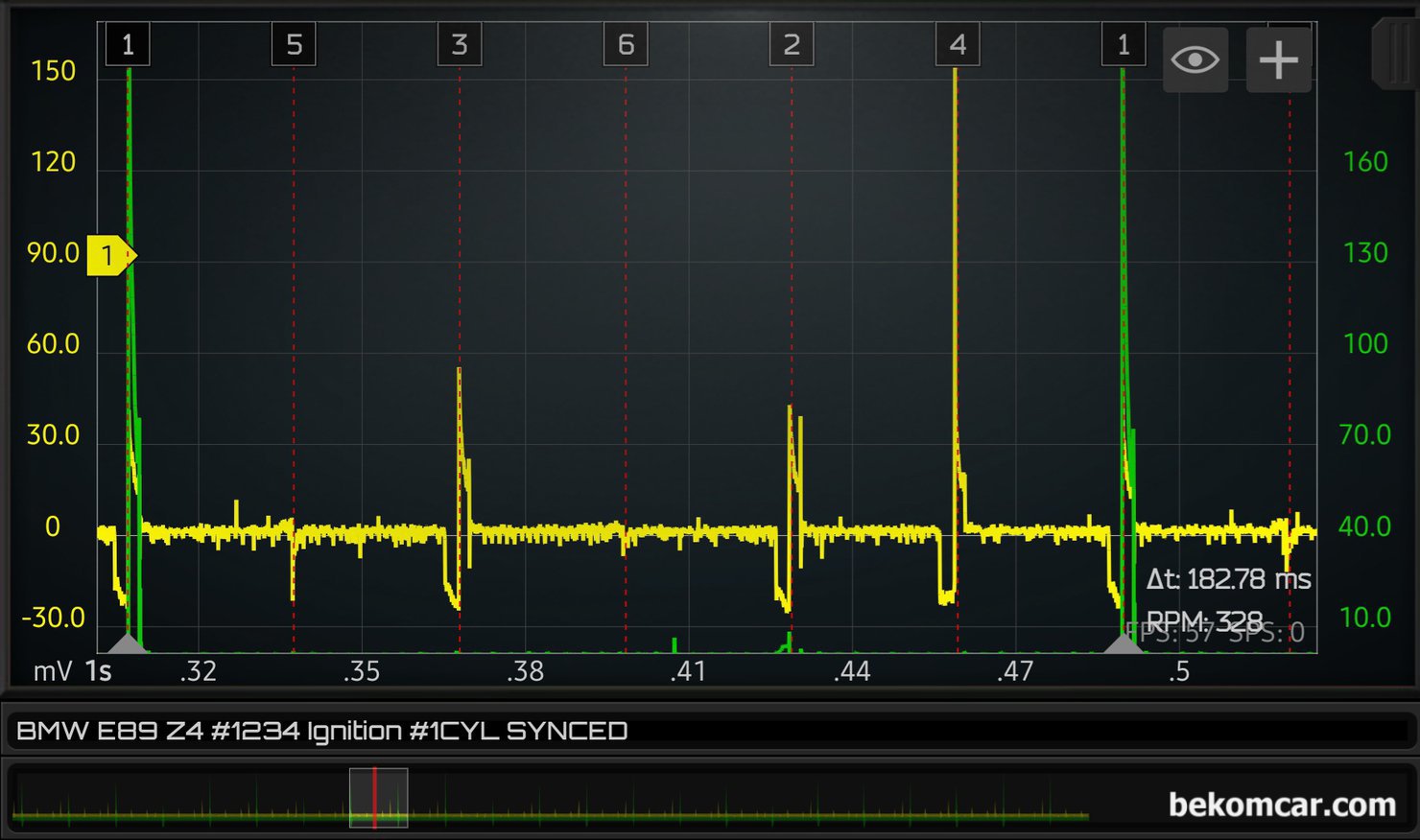 BMW E89 Z4 엔진기본 점검기록, 점화파형, 배기펄스, 인젝터 측정, BMW E89 Z4 인라인 6기통 엔진 점화2차 파형을 한 점화 싸이클 기준으로 살펴본다. 이제는 선명하게 5번과 6번 실린더 점화파형이 없다.  교육과정중에 일부러 1~4번 실린더에서만 점화파형을 측정하였기 때문이다. HS512Max는 2채널이지만, ROTKEE의 혁신적인 점화파형 측정장치를 이용하여 1채널에서 4개의 점화파형을 동시에 측정하였다. 점화순서는 1 5 3 6 2 4 실린더 이다.|베콤카 차량정밀진단