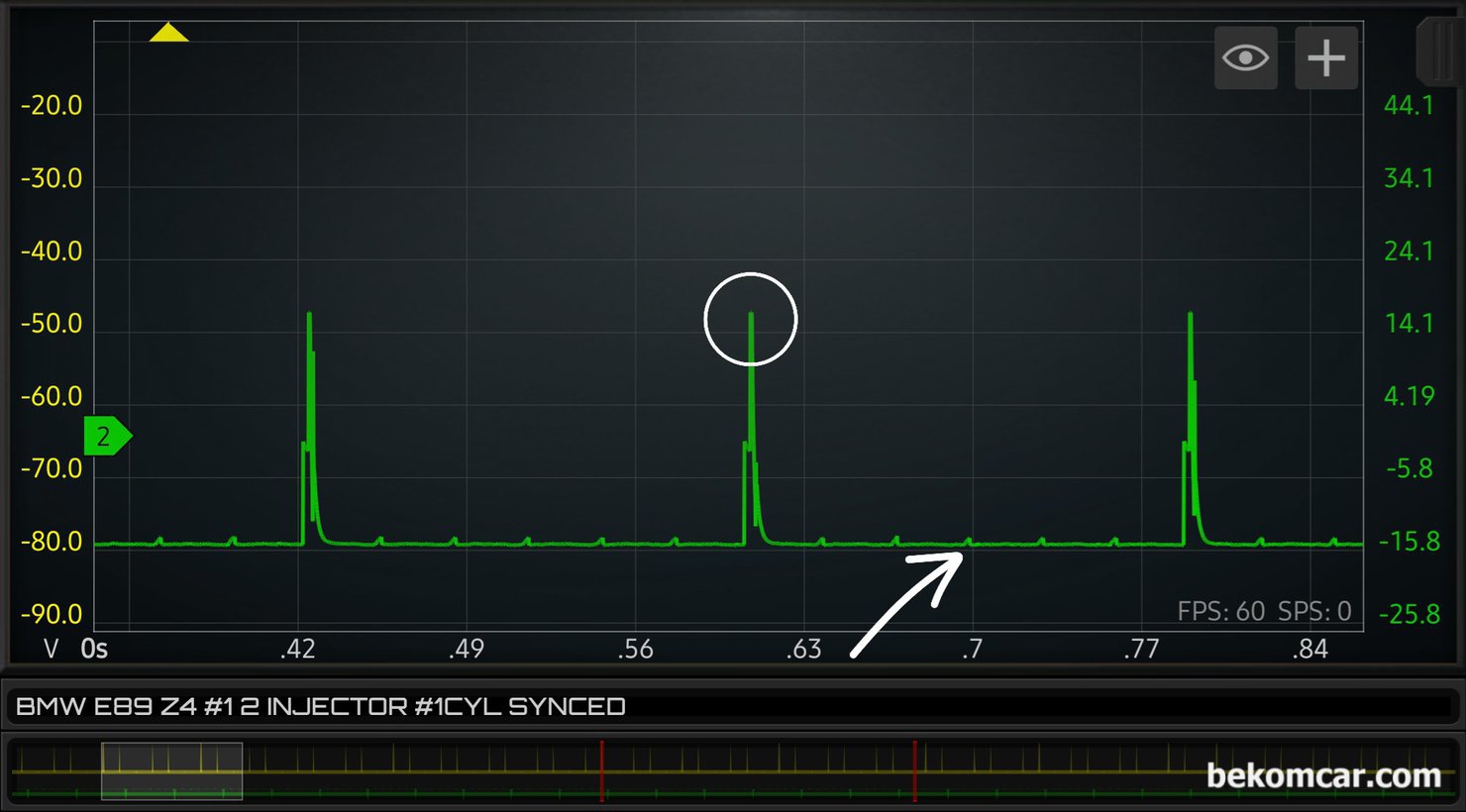 점화파형 싱크채널 실린더 파형정밀 분석, BMW Z4 측정사례, 1번 실린더 싱크 (채널2, 초록색), 1 2 번 실린더 인젝터터 파형측정. 파형은 2개의 점화싸이클을 기준으로 좀 더 확대하여 파형을 살펴본다. 베콤카 아카데미 미니워크샵 차량은 BMW E89 Z4 차량이다.|베콤카 차량정밀진단