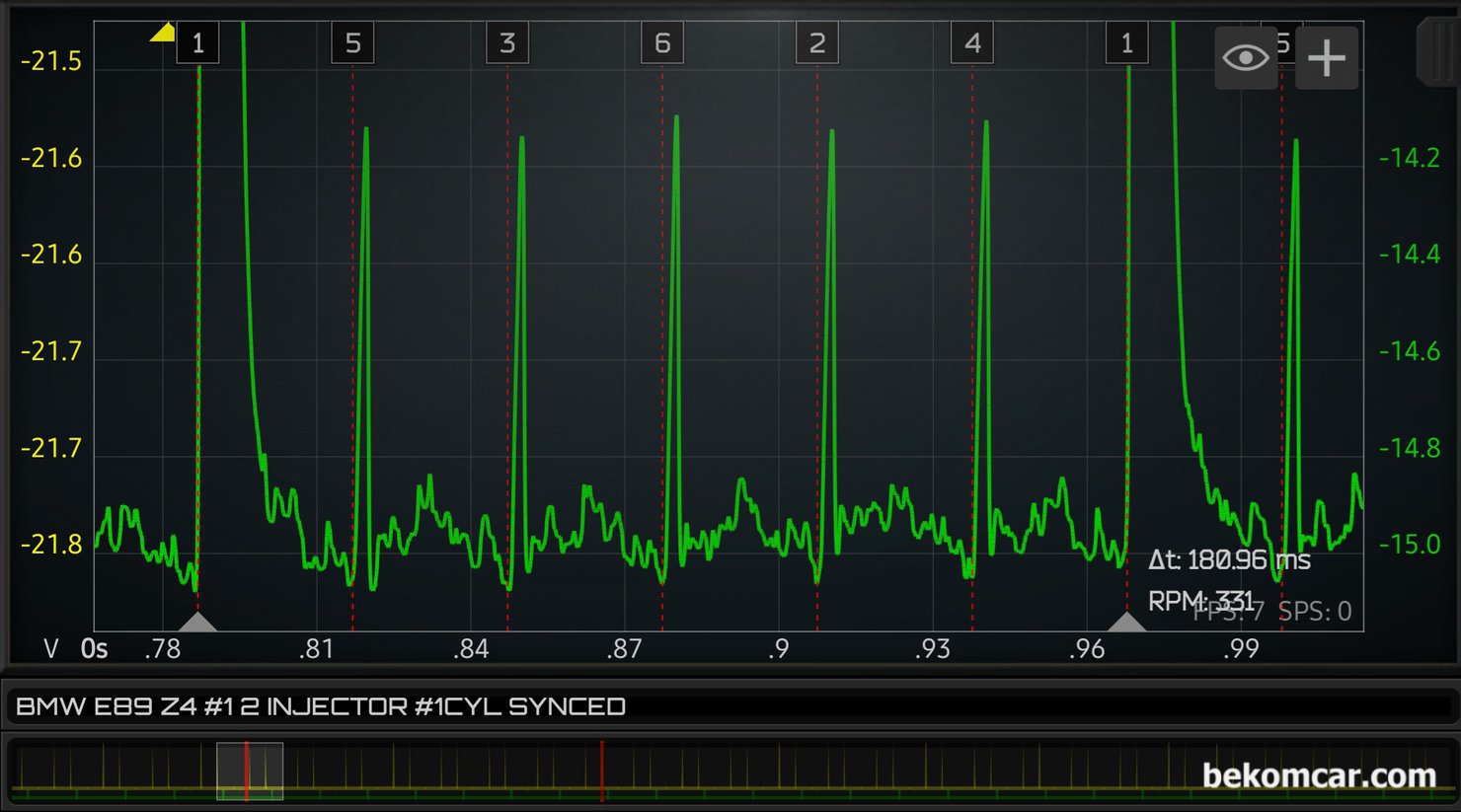 HS512Max 자동차전용 오실로스코프 활용사례, BMW Z4 점화상태  점검, 베콤카 아카데미 실전교육 차량은 BMW E89 Z4 인라인 6기통으로 점화순서는 1 5 3 6 2 4 실린더 이다. 이 파형은  HS512Max 자동차 전용 오실로스코프 로 측정되었다. 실제는 1번 실린더에 싱크채널로 연결한것인데, HS512Max의 뛰어난 기술력때문에 확대를 많이 많이 하게되면 실제는 점화파형을 측정하지 않는 실린더까지도 점화코일 플러그 동작상태 분석이 가능할 수 있다. 아주 미세한 전압변동까지 캡쳐하여 확대할 수 있기때문이다. 꼭 6개 실린더 전체를 측정한것으로 착각 할 수 있을정도 이다.|بيكومكار  (bekomcar)