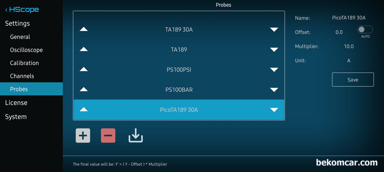 HS512Max 오실로스코프에서 피코 'TA189' 소전류계 세팅을 어떻게 해야하나요?, Martin Loren HS512Max 오실로스크프 프로그램중에서 '자동차' 전용 프로그램 클릭후, 화면 오른쪽 하단에 기어 아이콘 클릭, 다음에 'Probe' 클릭. + 아이콘 클릭. 'New' 라고 생성된것 선택. 오른쪽에 Name, Offset, Multiplier, Unit 이 표시됨. 각 항목별 값 을 클릭후에 세팅값 조정함. 피코 TA189는 OUTPUT 100mV/A 이다. 즉, 100mV x 10 = 1,000mV로. 배수는 10 이다. 그러니 'Multiplier' 값에 '10' 입력하고 저장하면 된다.|ベコムカー (bekomcar)