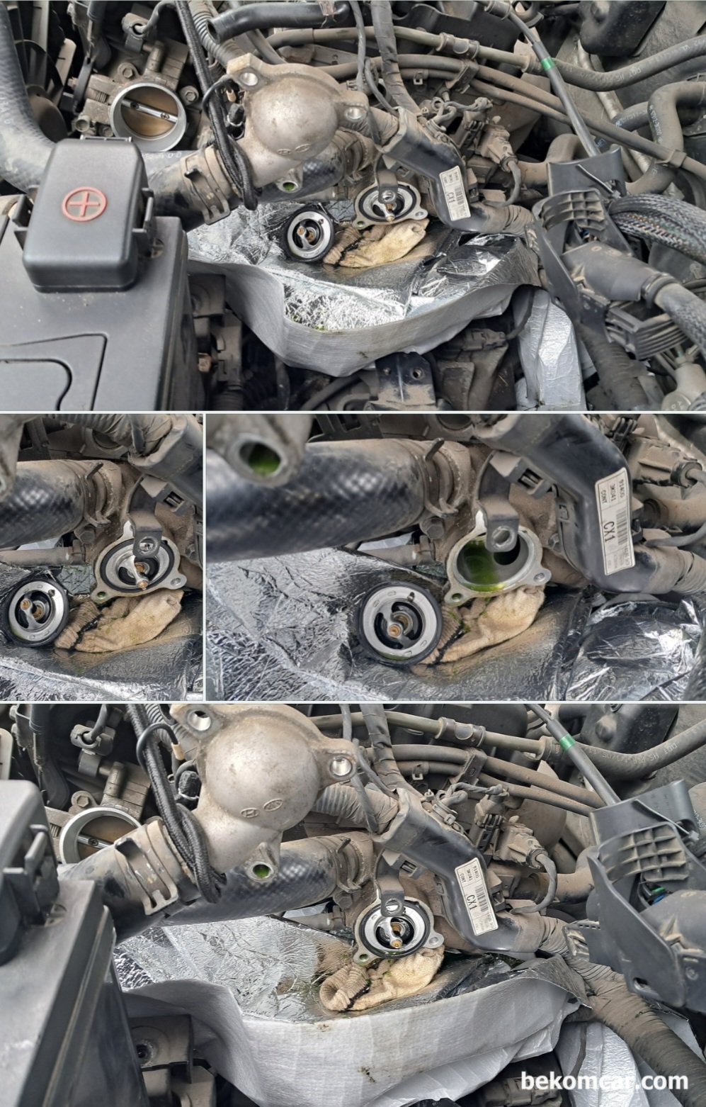 현대자동차 NF쏘나타 2.0L DOHC 2005년 써모스텟 교환작업, 현대자동차 NF쏘나타 2.0L DOHC 2005년 써모스텟 교환작업 과정 사진들이다. 특이사항은 없다. 진공방식이 아니라서 에어빼고 진단기로 온도확인 및 계기판 온도 그리고 뜨거운 바람등, 마지막 시험운행우 상태 확인 한다. 모두 정상이다.|بيكومكار  (bekomcar)