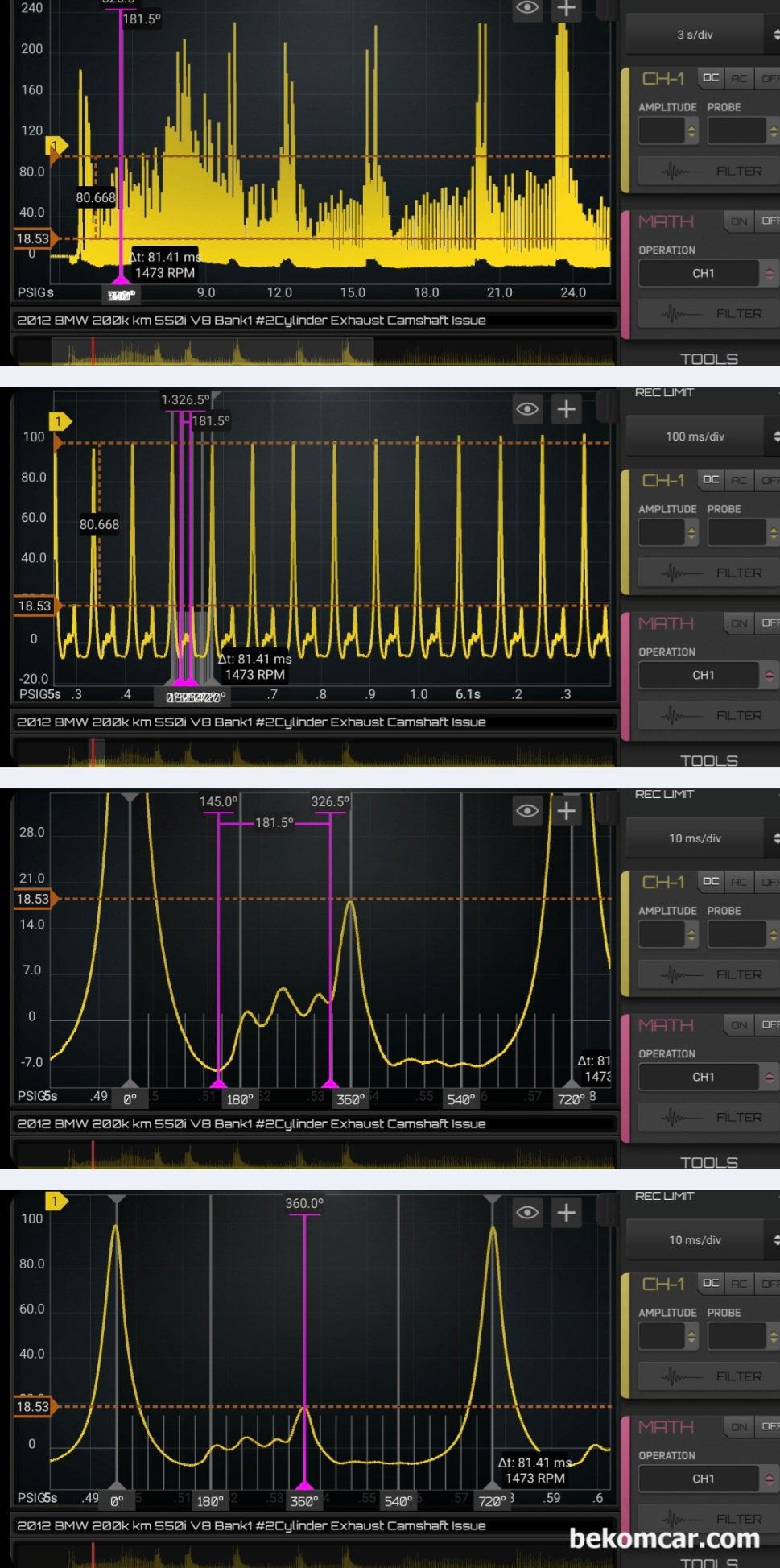 수출용 BMW 550i N63 V8 차량 출장 엔진정밀 진단사례, 수출용 BMW 550i N63 V8 차량 출장 엔진 정밀진단 과정이다. 실린더압축압력센서 (In Cylinder Pressure Transducer) 파형분석을 통하여 엔진의 기계적 고장상태 진단이 가능하다. 엔진 분해없이 공기체적 이동 분석으로 밸브시팅, 엔진타이밍, 흡기밸브, 배기밸브, 피스톤 실린더 상태, 촉매막힘 등 상당히 정확한 진단이 가능하다. 이번에 진단한 BMW 550i N64B 엔진의 파형으로 엔진상태를 바로 알 수 있다.|베콤카 차량정밀진단