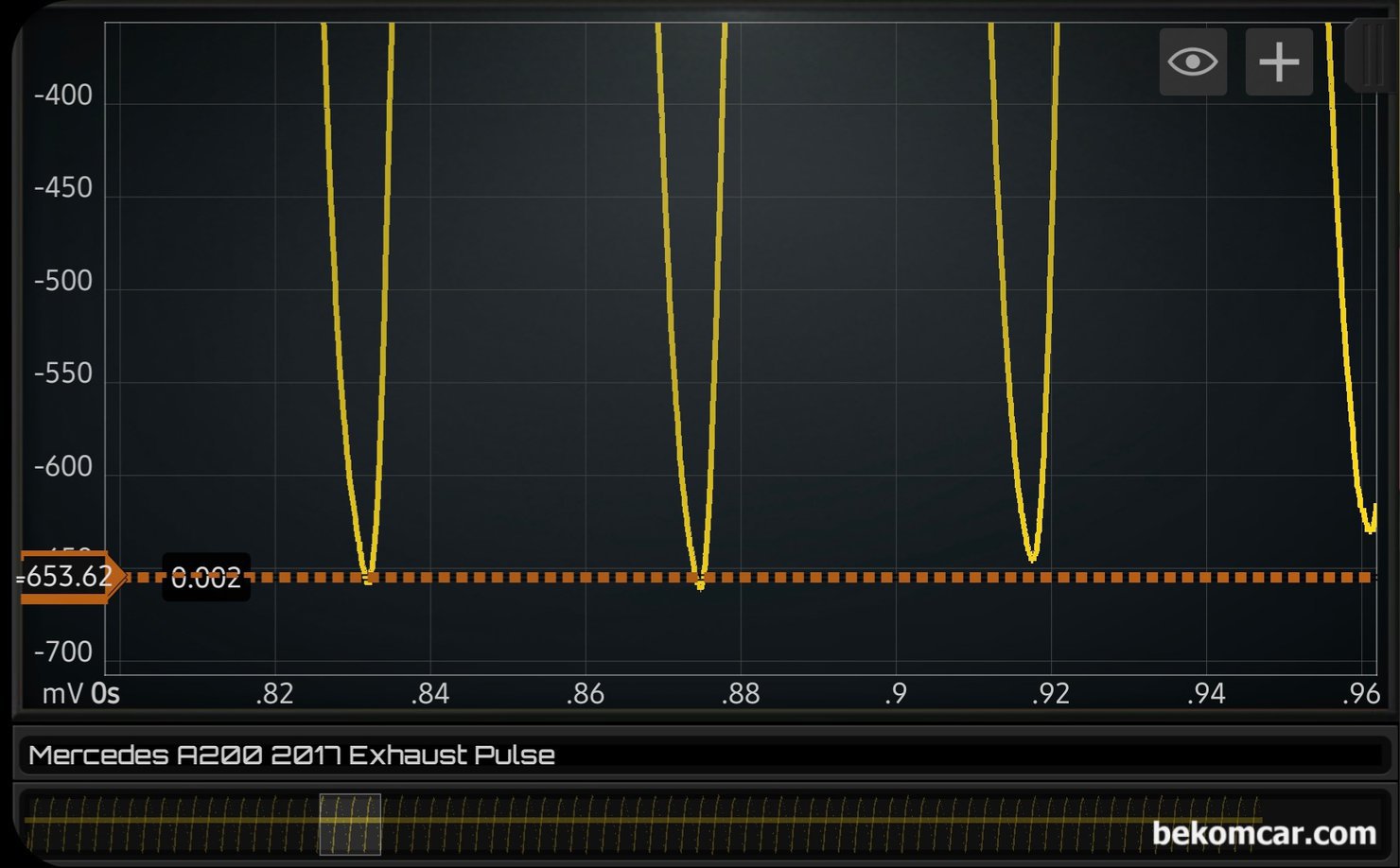 오실로스코프 구매기준, 전압과 파형 정밀성 관계, 12bit이상의 중요, HS512Max로 측정한 벤츠 엔진진단중 배기펄스 파형을 좀 더 확대하여 살펴본다. 여전히 아래  아래 0.002라고 표시된 부분은 약 약 2mV 수직 선이다. 수직선의 높이가 사실상 육안으로 구분하기 힘들다. 그만큼 촘 촘 하다는 의미이다.|ベコムカー (bekomcar)