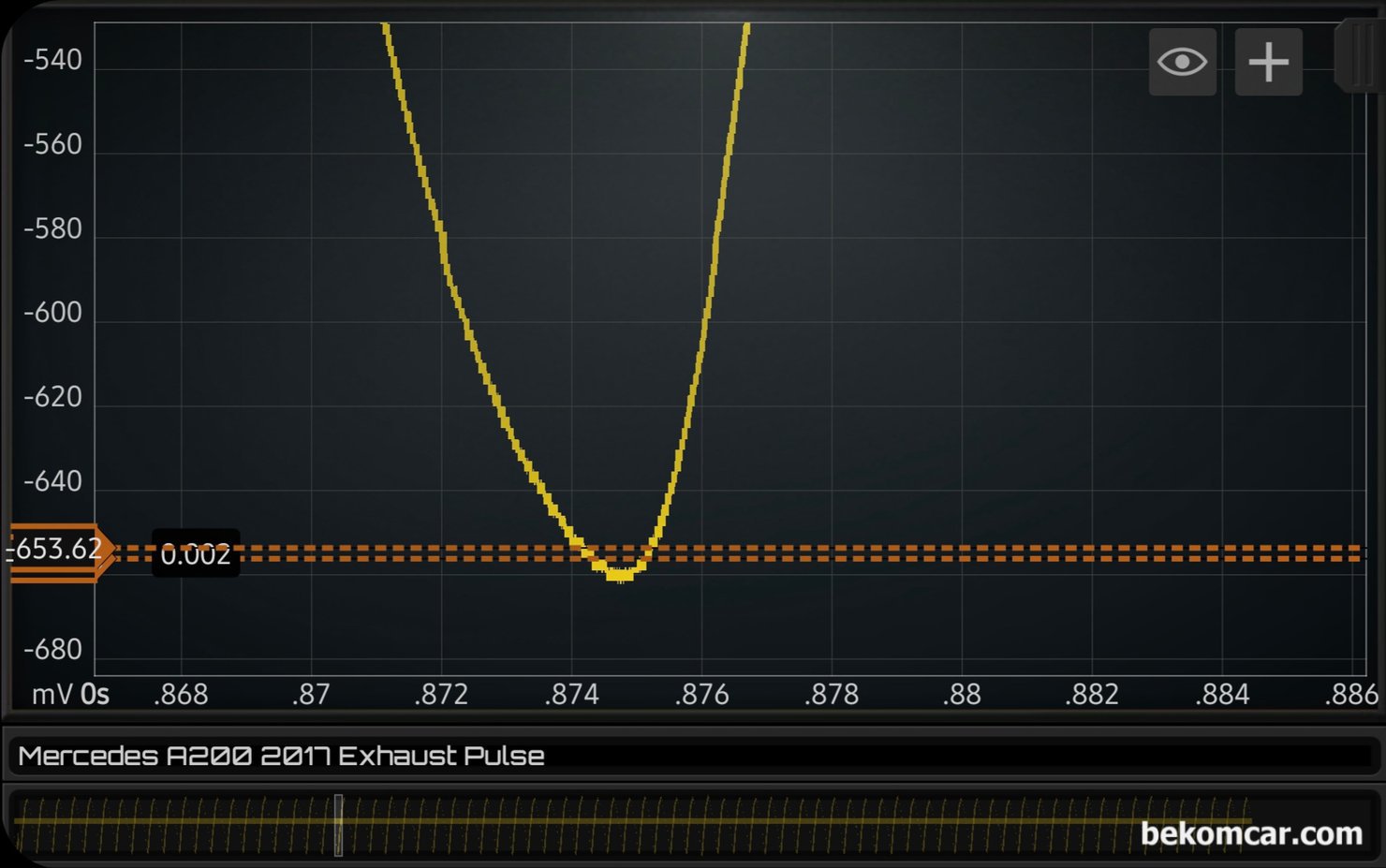 오실로스코프 구매기준, 전압과 파형 정밀성 관계, 12bit이상의 중요, 벤츠 엔진진단중 배기펄스 파형을 더욱더 확대해 본다. 이제 조금씩 수직으로 계단식 모양이 나타난다. 아래 0.002라고 표시된 부분은 약 2mV 수직 선이다.|ベコムカー (bekomcar)