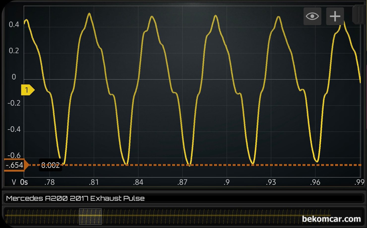 오실로스코프 구매기준, 전압과 파형 정밀성 관계, 12bit이상의 중요, 오실로스코프 구매시 12비트는 중요하다. 벤츠 엔진진단중 배기펄스 파형이다. 아래 0.002라고 표시된 부분은 약 2mV 수직 선이다. 이러한 수직선이 모여서 수파형을 보여준다. 12bit 오실로스코프 가 왜 중요한지를 알 수 있는 파형이다. 계산방식의 자세한 정보는 https://bekomcar.com/ko/qa/5bq1myk3m/ 를 참고한다. 베콤카에서 KC인증후 국내대리점으로 수입 판매하는 HS512Max는 12bit를 지원한다.|ベコムカー (bekomcar)