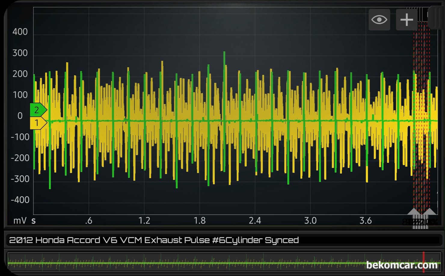 진단기에 실화 고장코드가 없는데 실제로는 실화가 있는지 어떻게 알 수 있을까요?, 2012년 혼다 어코드 V6 VCM 엔진 실제 실화 진단과정, 베콤카는 과학적이고 정밀분석을 전문으로 한다. 분명히 고장코드가 있었다가 또 확인하면 실화고장코드가 없다. 이런경우는 자주 발견된다. 오실로스코프 파형분석을 이용하여 실화 고장코드 없어도 실제 실화실린더 파악이 가능해진다. 배기밸브 펄스 파형으로, 진단기에는 실화코드가 없지만 실제 엔진실화가 있다는것을 알 수 있다.|贝科姆汽车 (bekomcar)