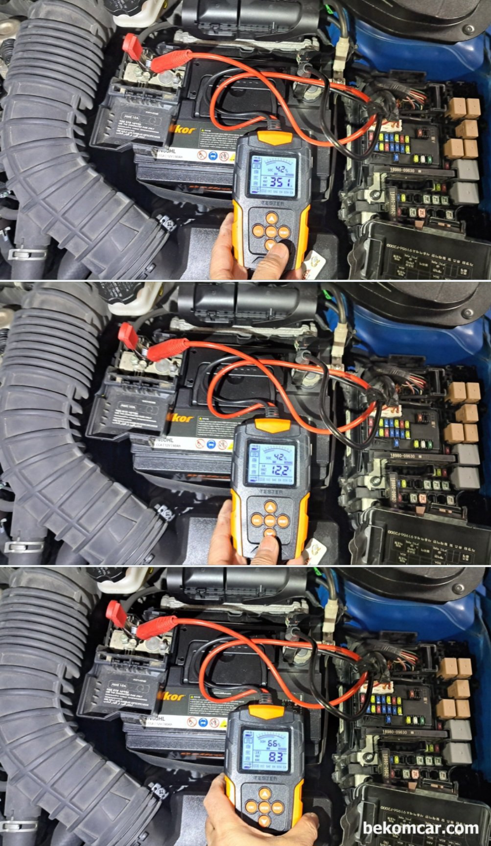 현대자동차 아반테 AD 2017년 1.6L GDI 엔진 중고차구매 점검기록, 수원중고자동차 매매단지 SK V1에서 현대자동차 아반테 AD 2017년 1.6L GDI 엔진 중고차구매 점검 기록. 배터리 상태를 진단한다. 배터리는 알터네이터 및 전체적인 차량내 충전시스템 점검시에 기본이다. SOH는 66%, CCA 351A 로 배터리 교체가 필요한 상태로 판단된다.|ベコムカー (bekomcar)
