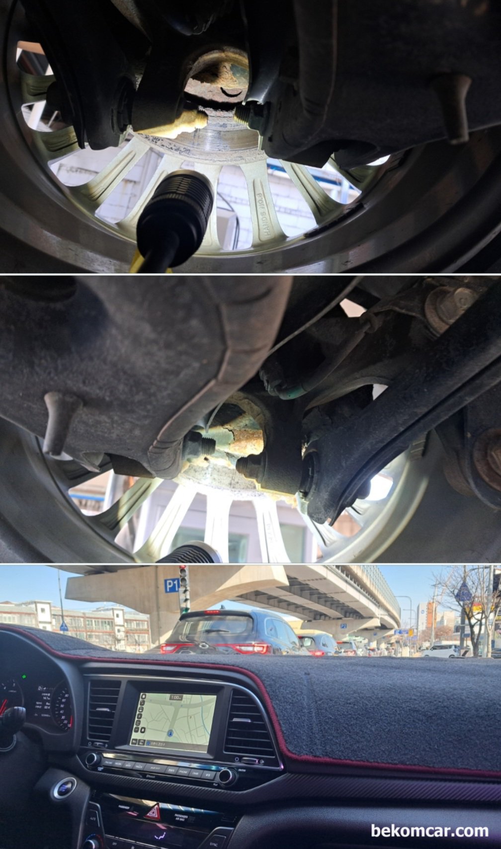 현대자동차 아반테 AD 2017년 1.6L GDI 엔진 중고차구매 점검기록, 수원중고자동차 매매단지 SK V1에서 현대자동차 아반테 AD 2017년 1.6L GDI 엔진 중고차구매 점검 기록. 주행시험을 한다. 급가속 및 급정거 그리고 요철구간등 중고차 매매상사 딜러와 함께 했다. 다행이 하체도 탄탄하고 부싱류등 이상 없으며 미션등 상태도 특이사항이 없게 판단된다. 하지만, 리프트에 올려서 하체를 점검하는데 뒤 바퀴 디스크, 브레이크 패드, 더스트커버 등 교체가 필요한 상태이다. 다른부위는 상대적으로 녹 이 없이 상당히 좋게 판단된다.|ベコムカー (bekomcar)