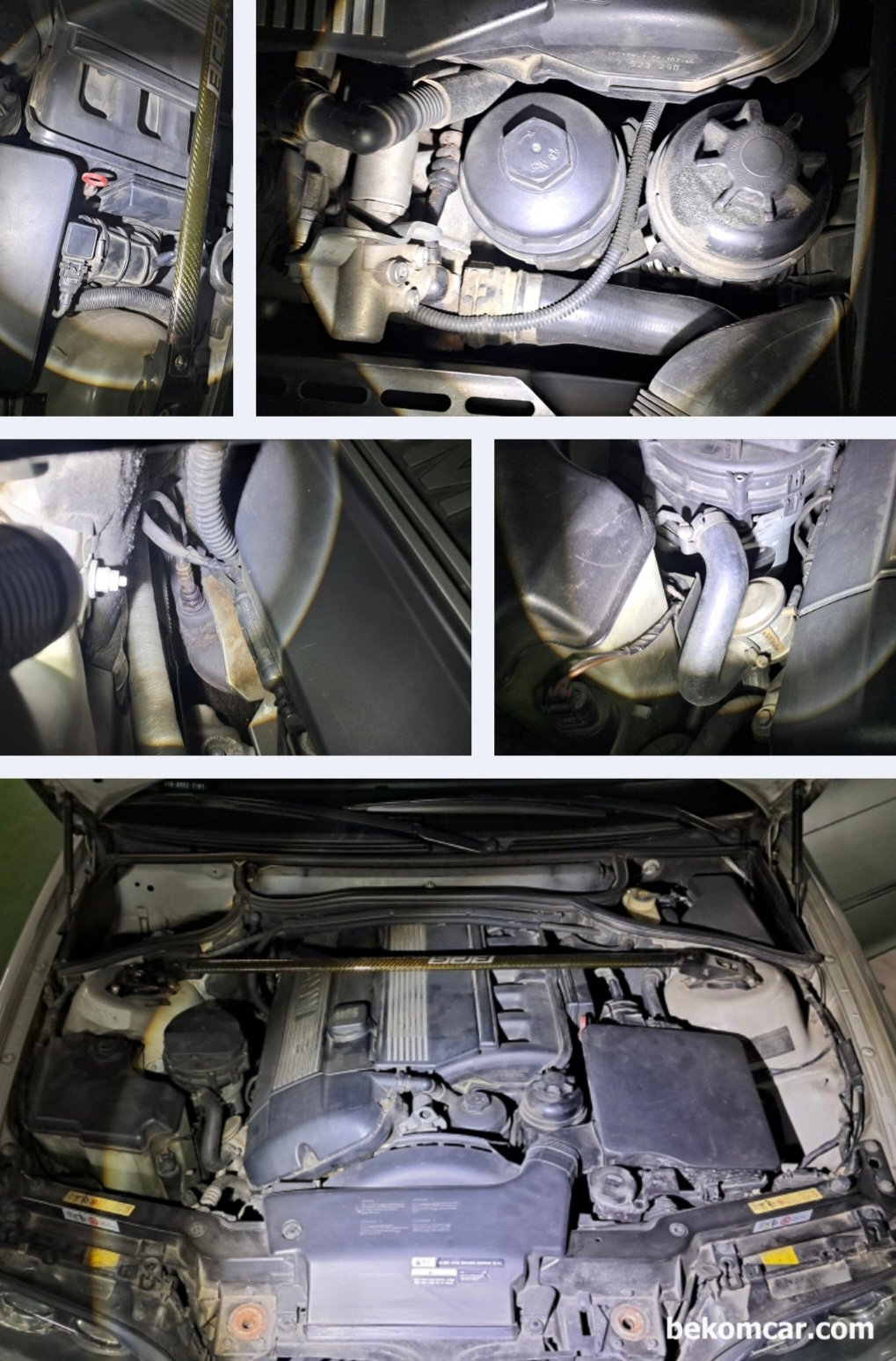 BMW E46 325Ci 2005, 실린더 배기 펄스파형 분석기록, BMW E46 325Ci 2005 엔진룸 육안 점검이다. 누유나 누수등이 발견되지 않는다. 다만 밸브커버 점화플러그 튜브 쪽에는 약간의 미세 누유 흔적들이 발견된다. 파워펌프 나 오일필터 에어펌프 에어필터 에어덕 등 상태는 특이 사항이 없다.|بيكومكار  (bekomcar)