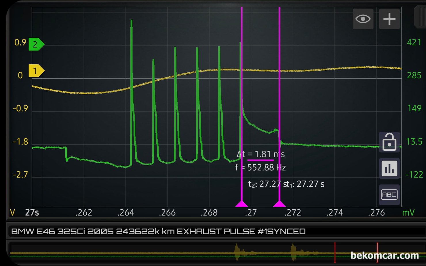 배기가스 매연줄이고 출력향상을 위해서 점화플러그 여러번 점화하는 다중점화플러그 샘플 파형은 어떻게 생겼나요?, 2005년 BMW E46 325Ci 인라인 6기통 엔진의 다중점화 파형으로 마지막 점화구간의 점화플러그 작동구간 (Burn Time)이 약 1.81ms 정도록 측정된다. 정상적인 점화파형이다.|贝科姆汽车 (bekomcar)