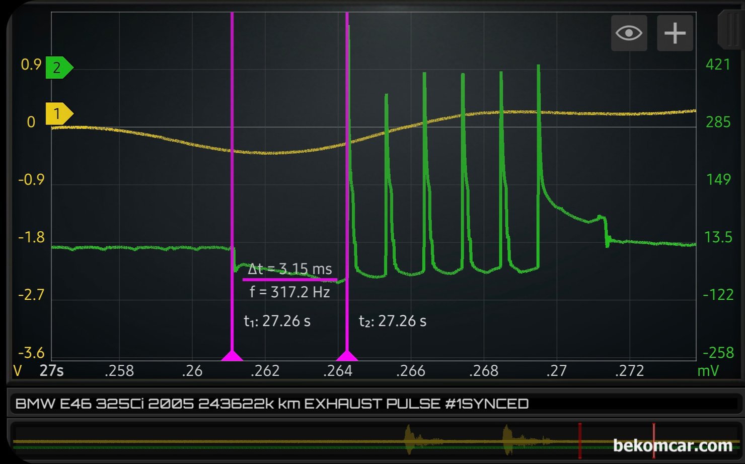 배기가스 매연줄이고 출력향상을 위해서 점화플러그 여러번 점화하는 다중점화플러그 샘플 파형은 어떻게 생겼나요?, 2005년 BMW E46 325Ci 인라인 6기통 엔진의 다중 점화 파형이다. 점화코일 작동구간 (Dwell Time)으로 약 3.15ms정도 유지된다. 보통 점화코일의 작동시간은 약 3.0ms 정도 전 후 가 되는경우가 대부분이다.|贝科姆汽车 (bekomcar)